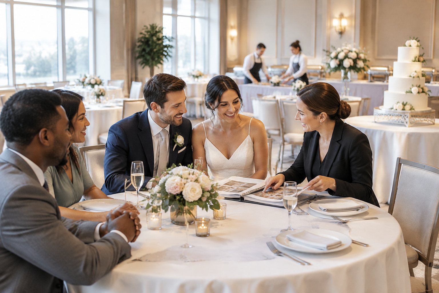 A couple discusses wedding reception arrangements with a hotel coordinator in an elegantly decorated ballroom.