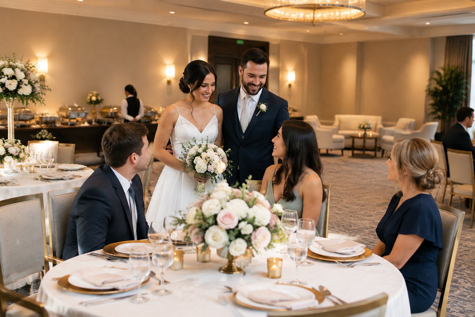 A newlywed couple and wedding guests celebrate in an elegantly decorated hotel ballroom.