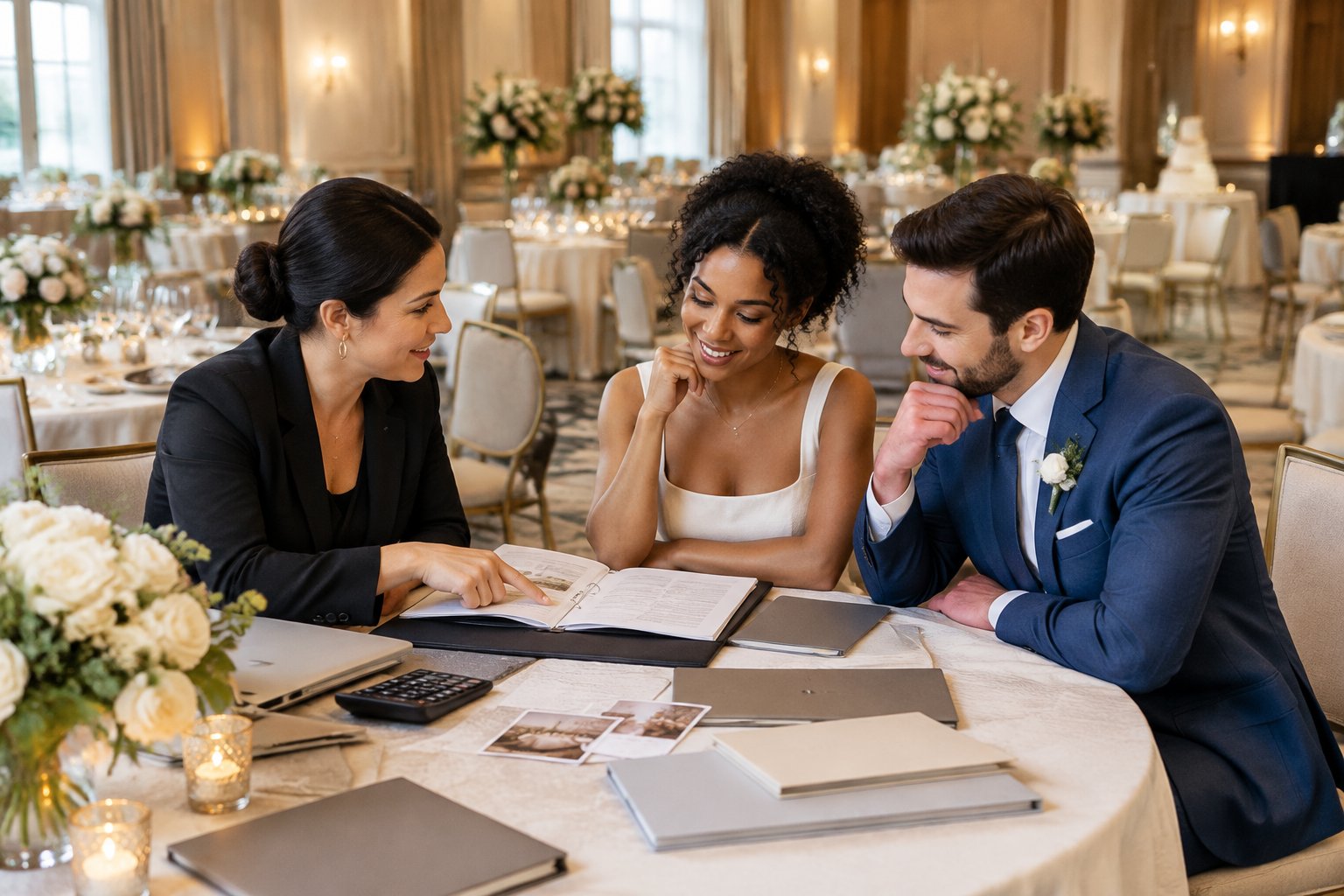 A couple reviews wedding planning materials with a venue coordinator in an elegant hotel reception room.