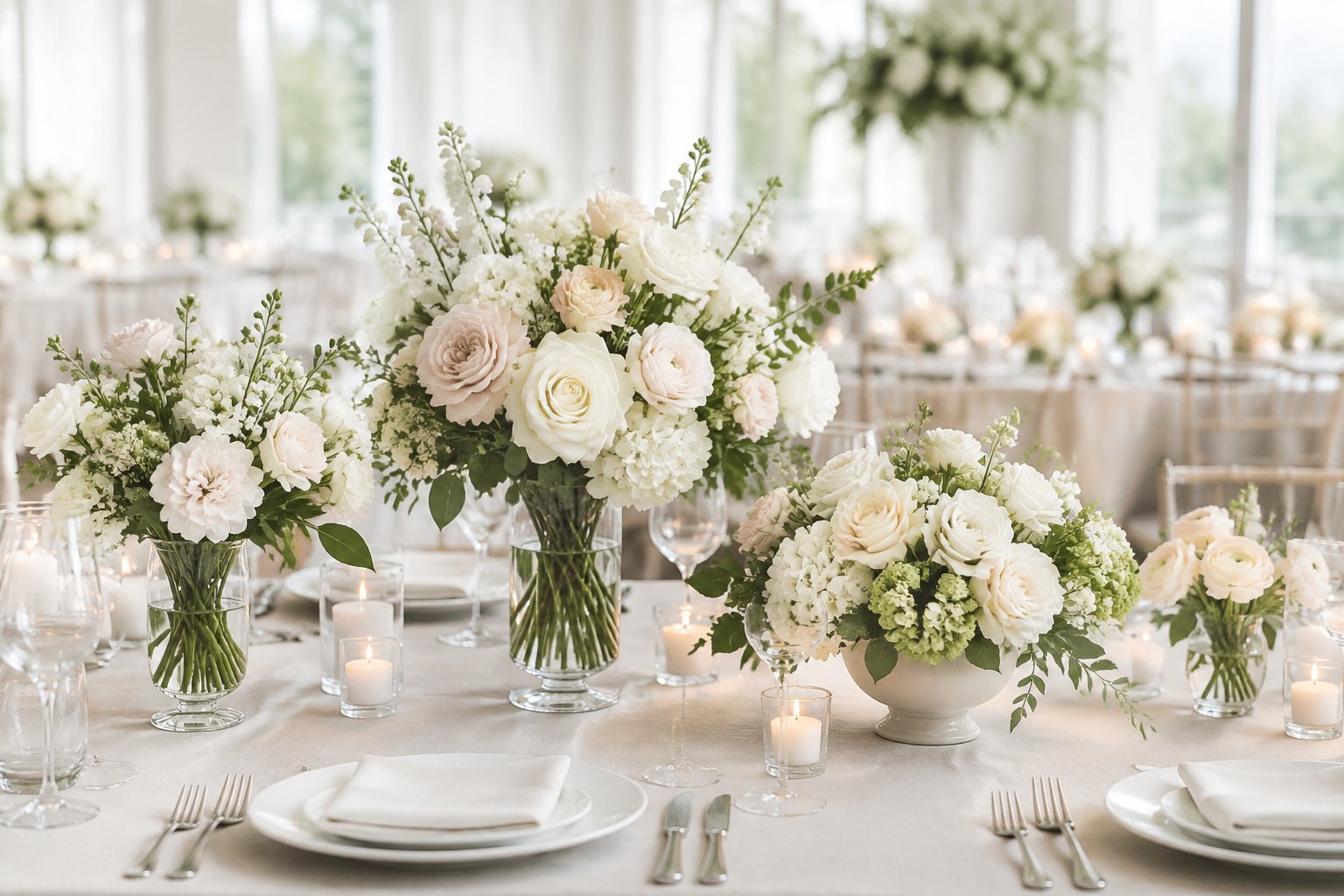Floral centerpieces arranged on a neatly set wedding reception table.