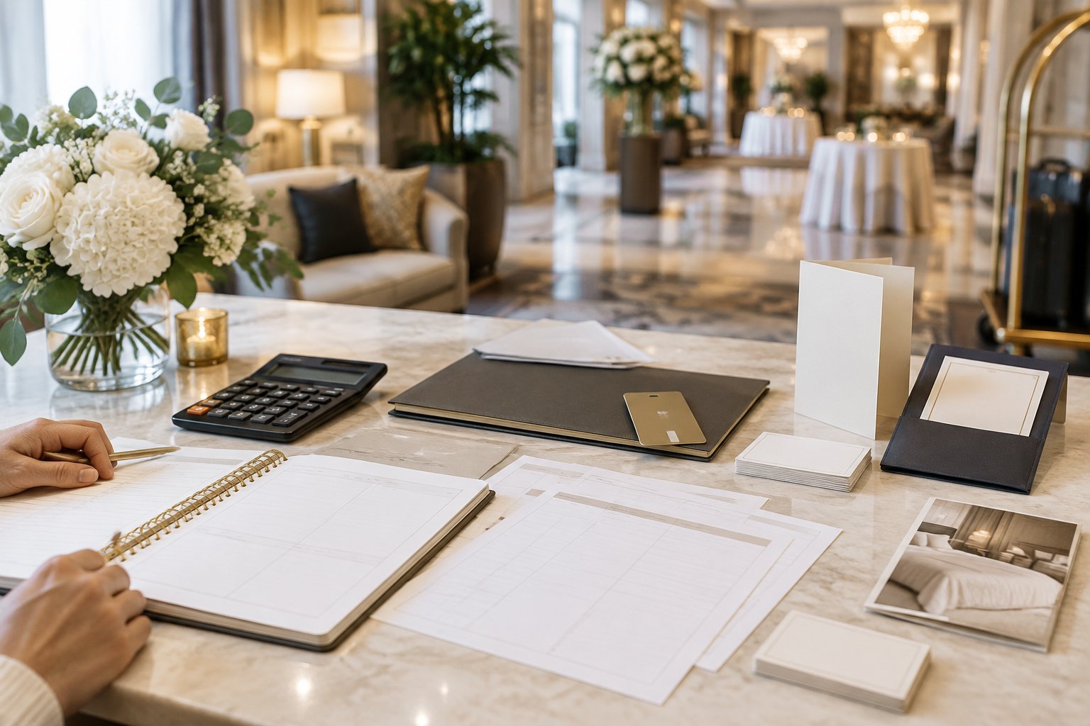Wedding budget materials and hotel reservation items arranged on a planning table in an elegant hotel lounge.