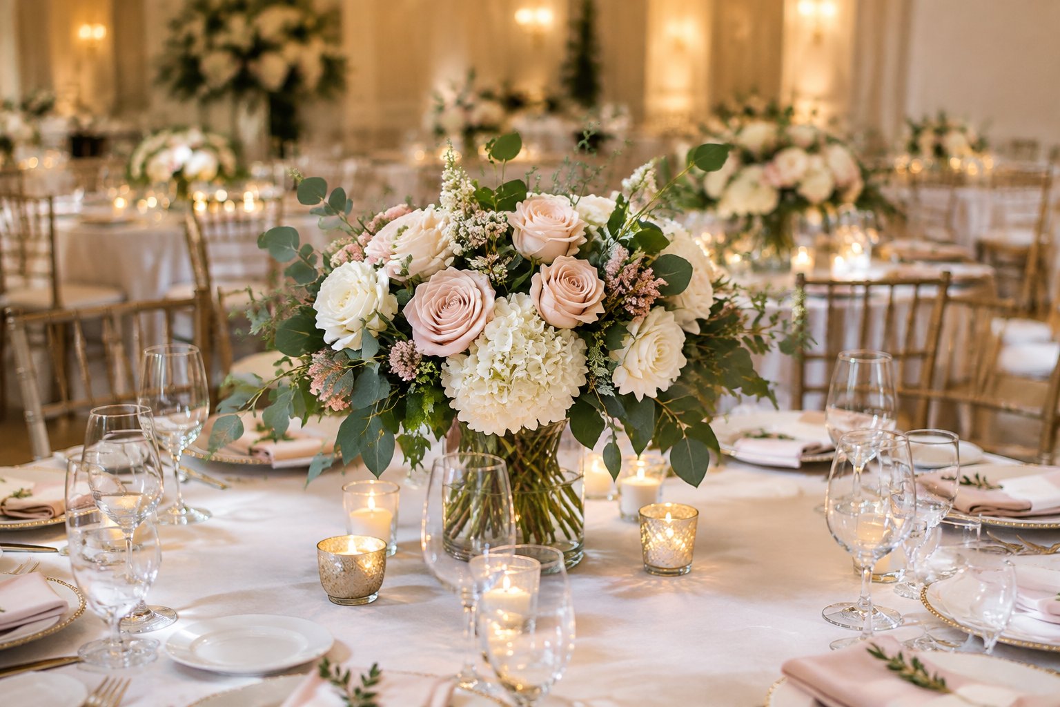 Elegant wedding reception tables with floral centerpieces and place settings.