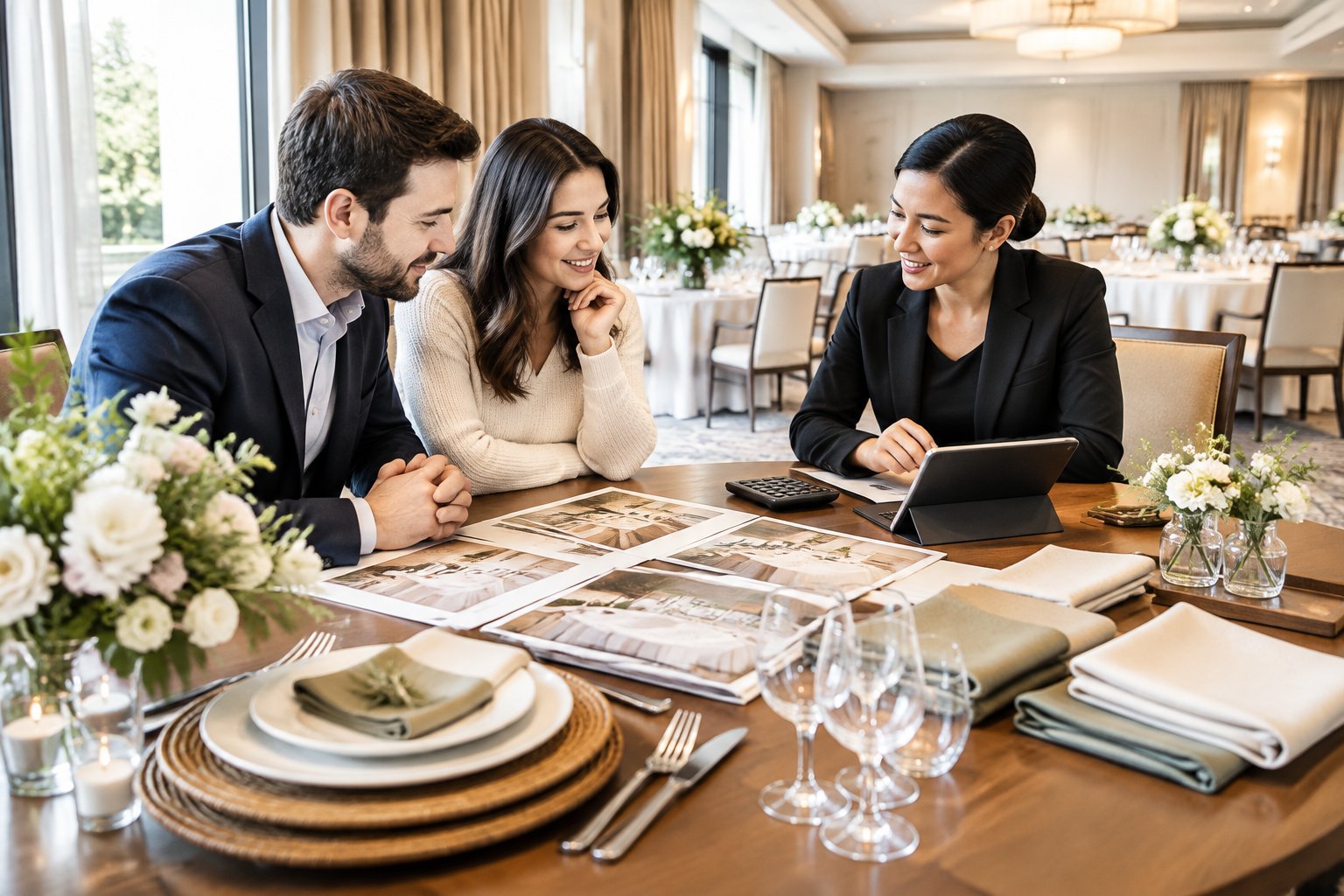 A couple and hotel coordinator review practical wedding plans at a hotel table.