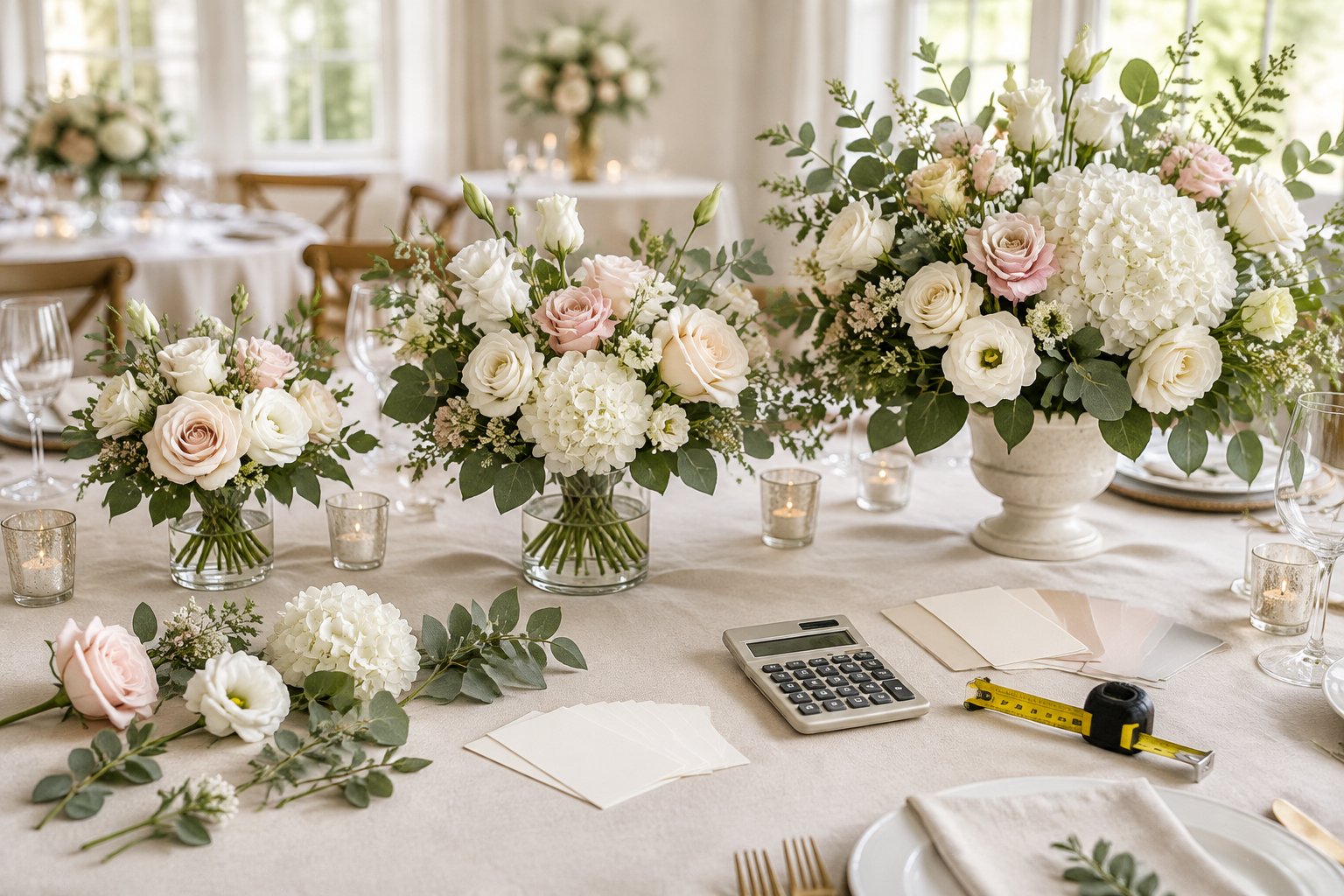Wedding reception table with floral centerpieces, a calculator, and organized planning items.