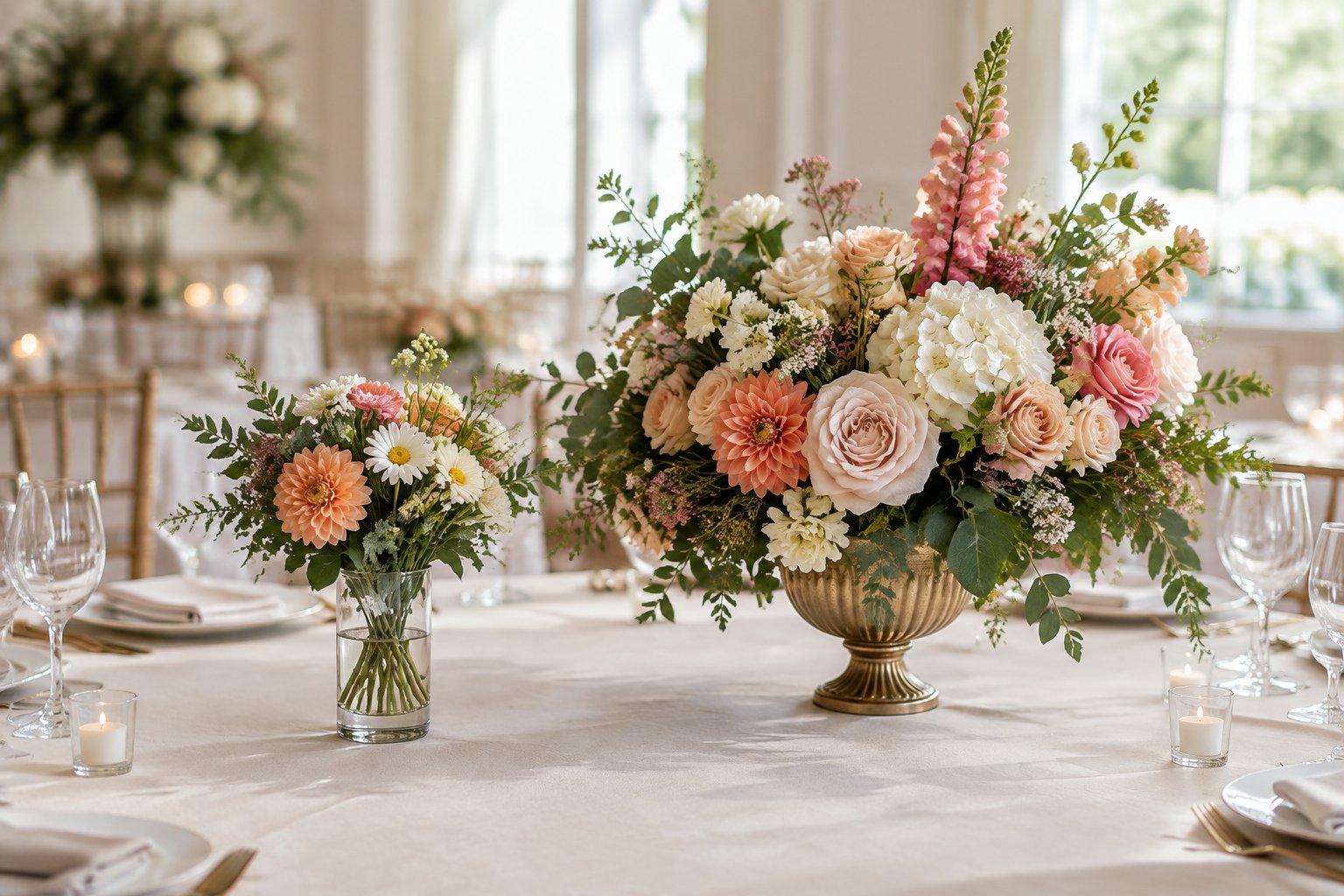 Two wedding table centerpieces, one simple and one elaborate, displayed side by side.