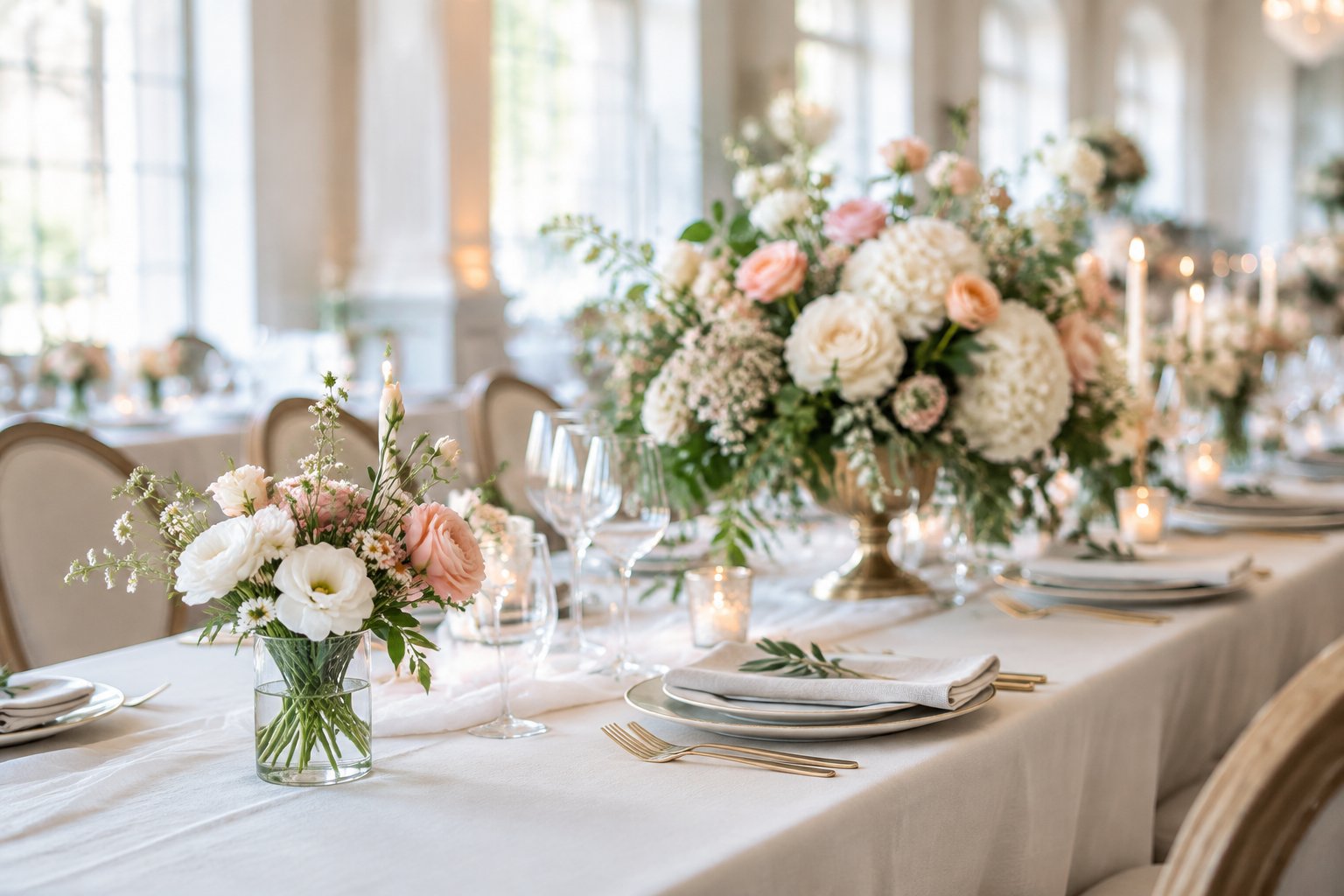 Wedding reception table with floral centerpieces in different sizes and arrangements.