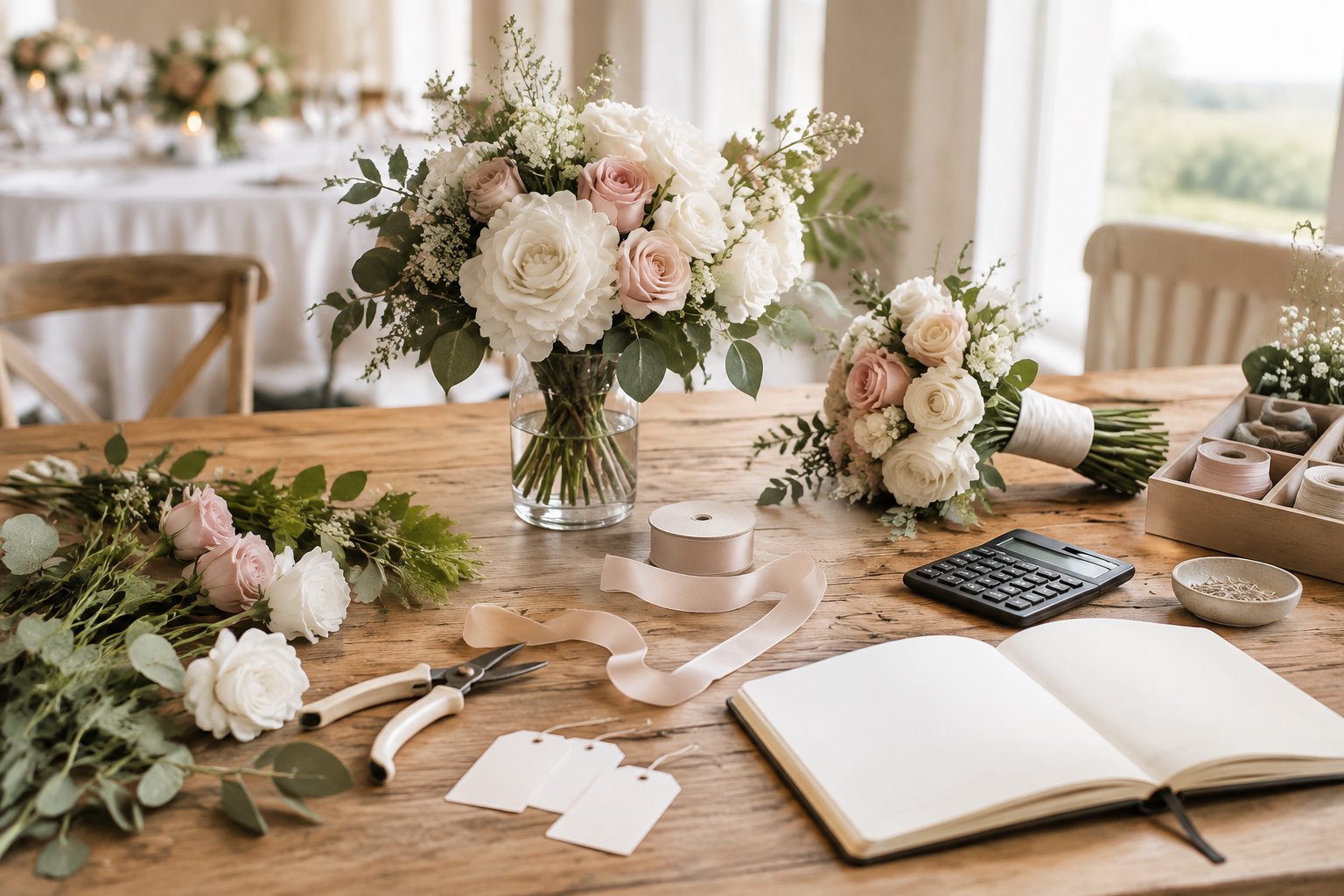 Wedding flowers, a centerpiece, and planning supplies arranged on a table.