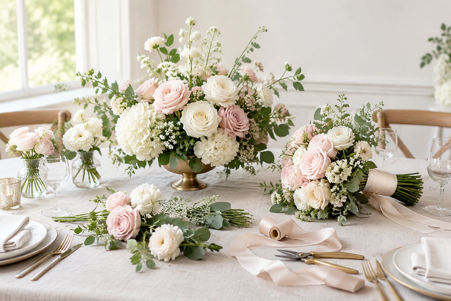 Wedding flowers arranged on an elegant reception table with a bouquet, centerpiece, and loose floral stems.