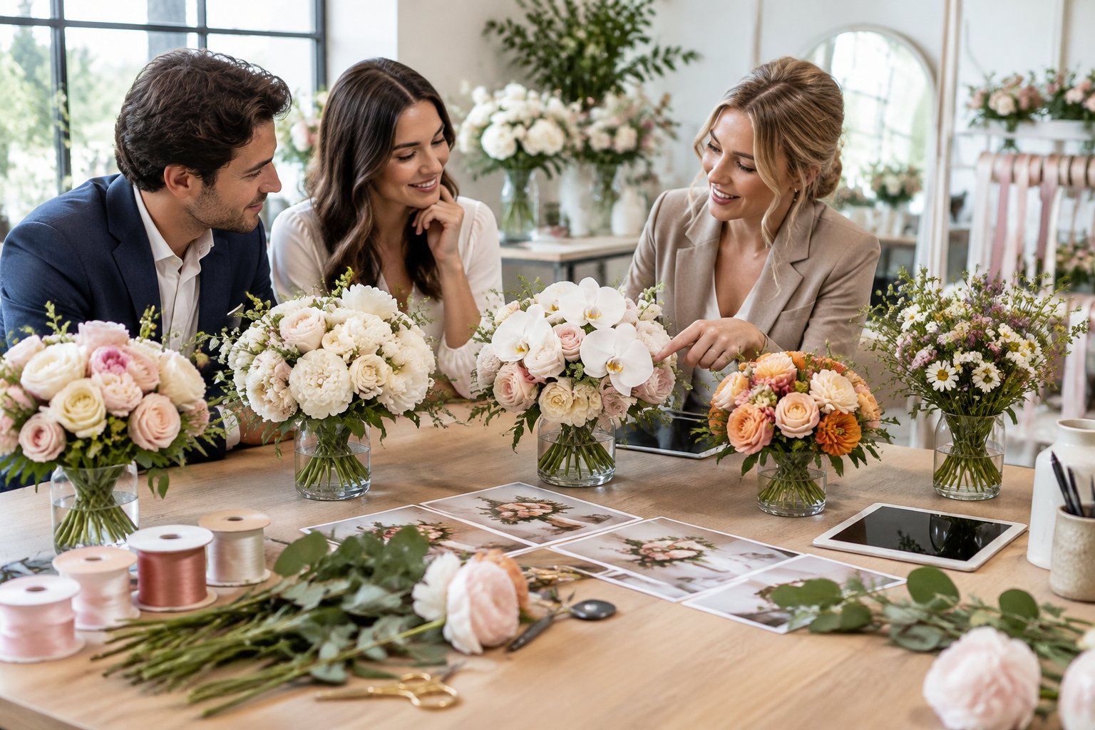 A couple discusses wedding flower options with a florist among several sample arrangements.