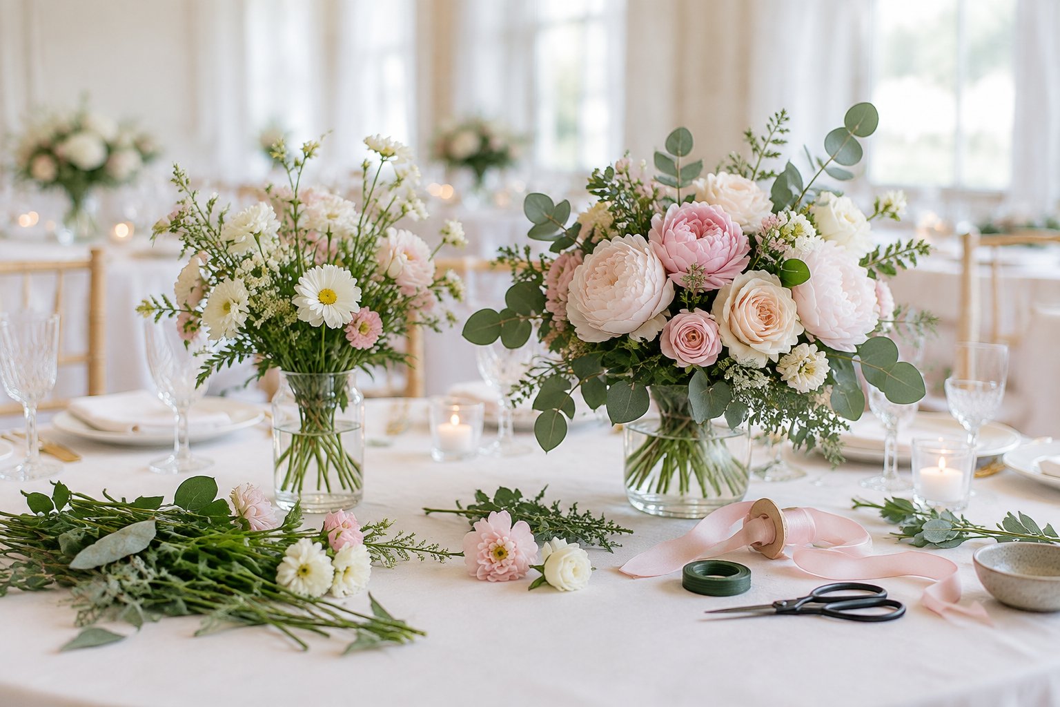 Wedding table with two floral arrangements of different sizes and seasonal flowers.