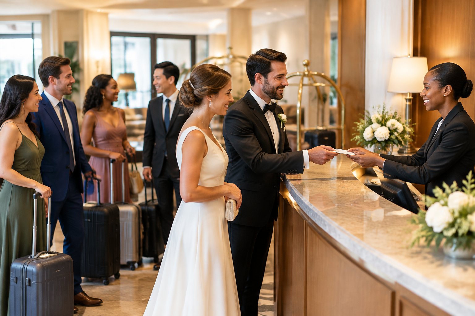 A wedding couple and their guests check into an elegant hotel with help from a concierge.