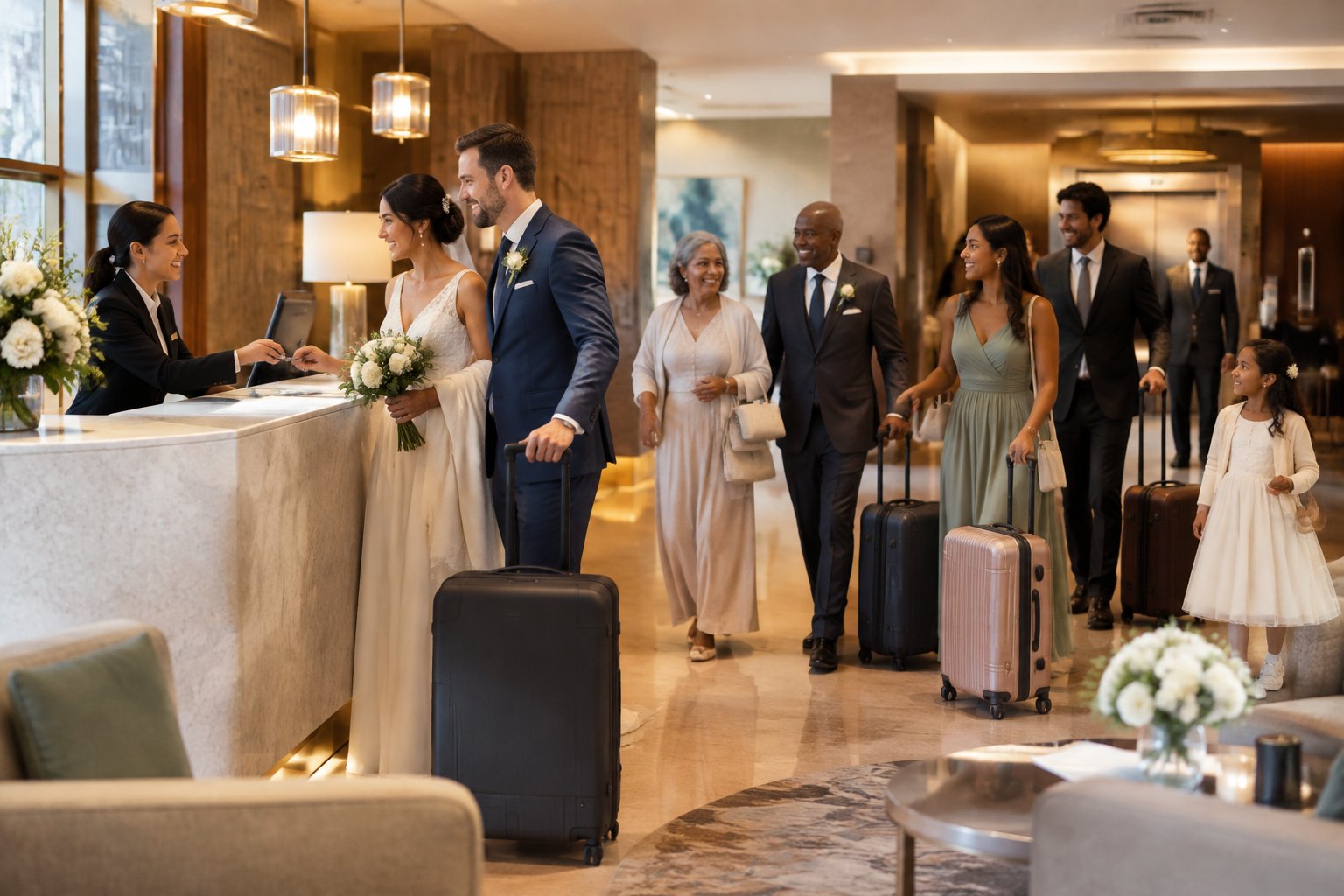 A newlywed couple and wedding guests gather in a welcoming hotel lobby with luggage.