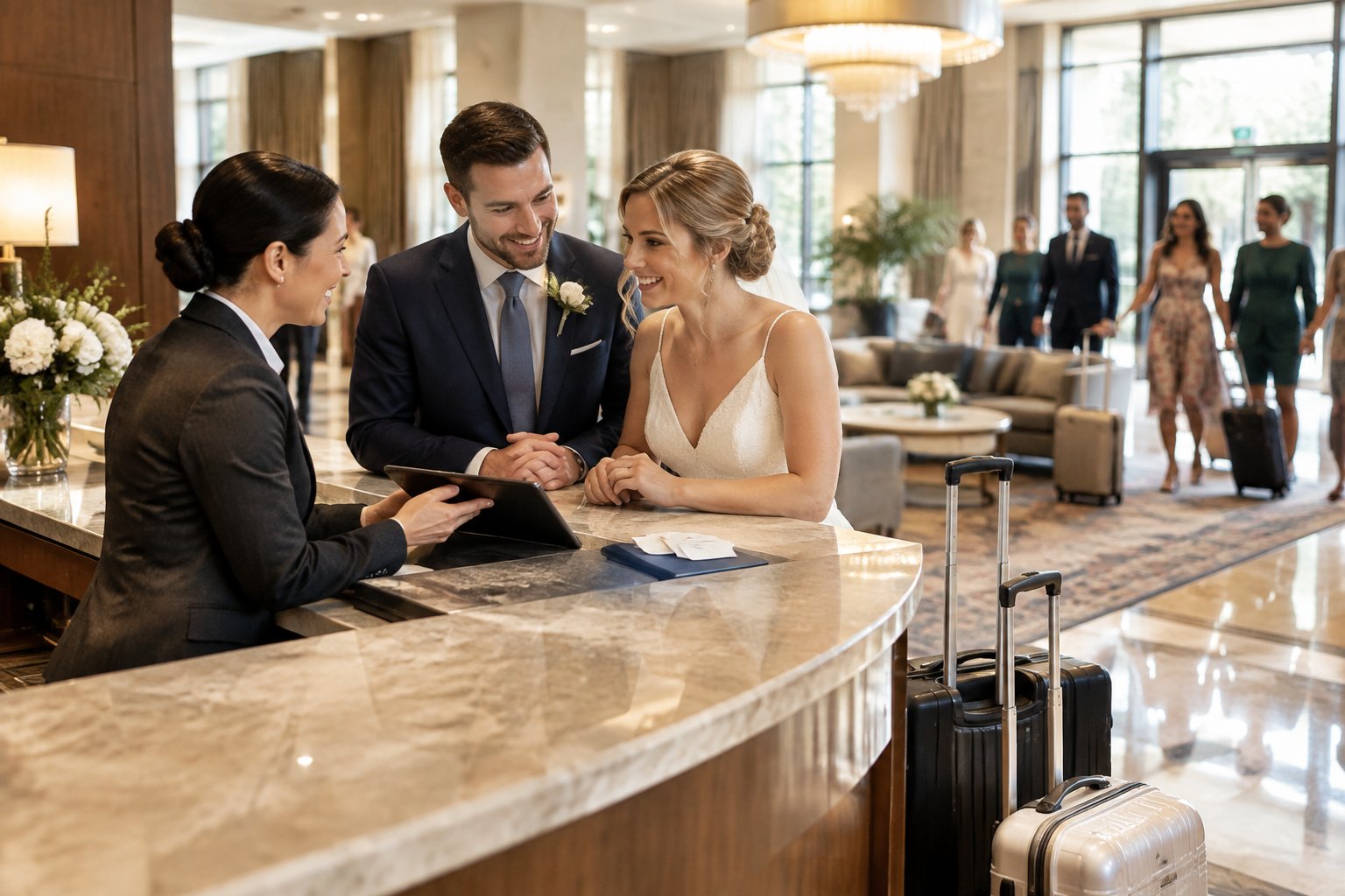 A couple discusses wedding group accommodations with a hotel manager in an elegant lobby.