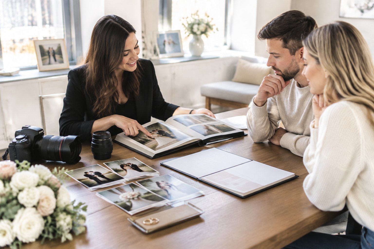 A couple discusses wedding photography packages with a photographer at a consultation table.