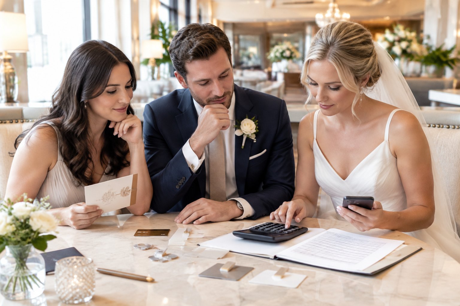 A newlywed couple and a wedding guest review hotel accommodation costs at a table in an elegant hotel lobby.