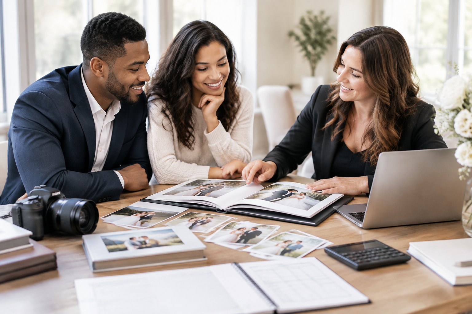 A couple reviews wedding photography albums and budget materials with a professional photographer.