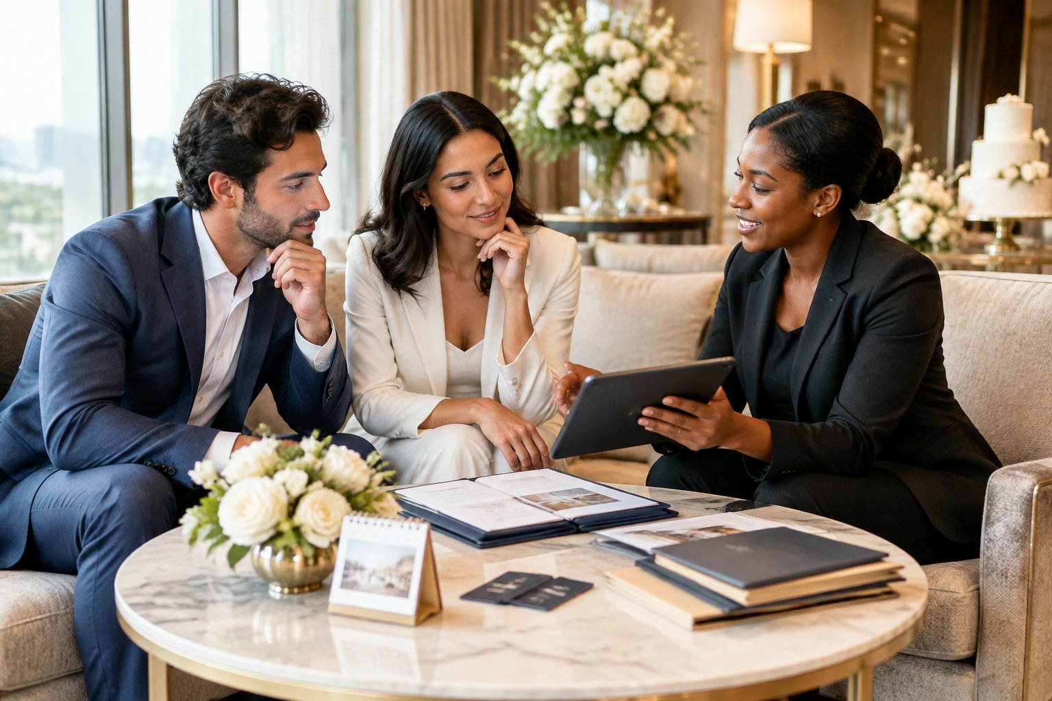 An engaged couple discusses wedding hotel room options with a hotel events coordinator in an upscale lounge.