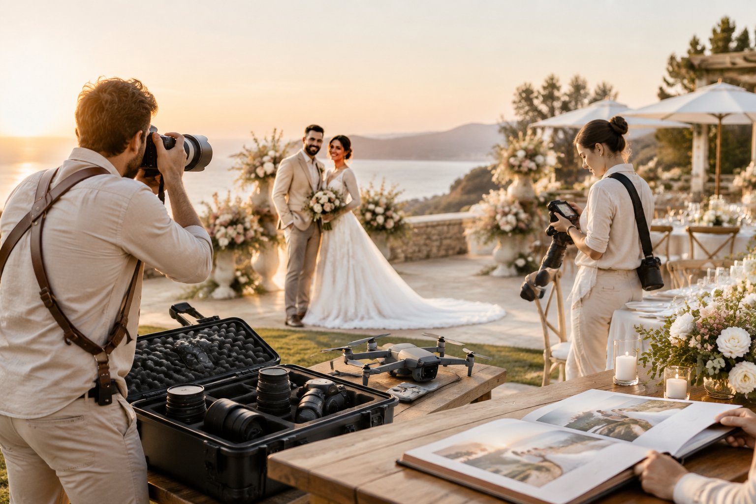 A wedding photographer captures a newlywed couple while photography equipment and elegant reception details surround them.