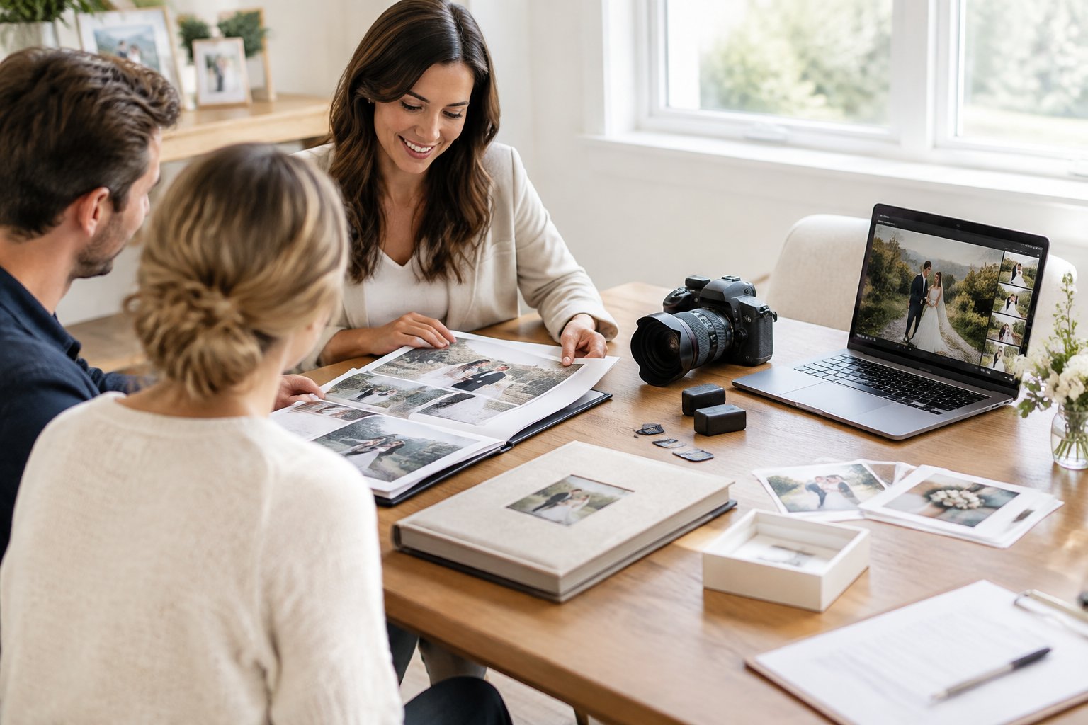 A wedding photographer reviews photo albums and camera equipment during a package planning consultation.