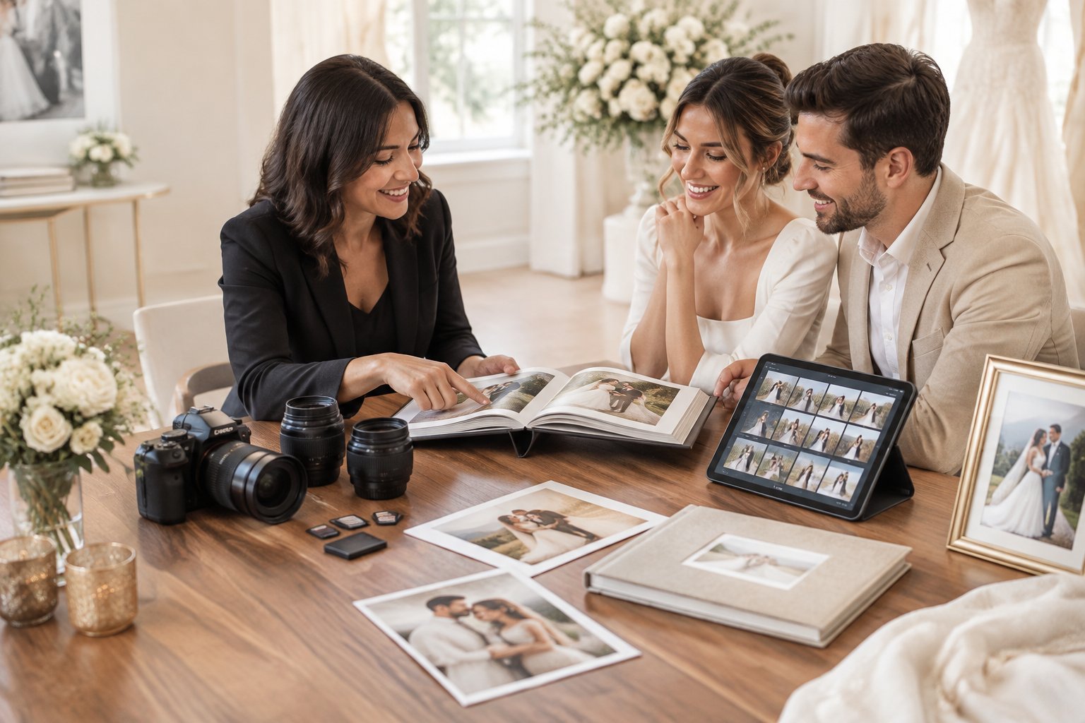 A wedding photographer discusses service options with an engaged couple beside photography equipment, albums, and printed wedding images.