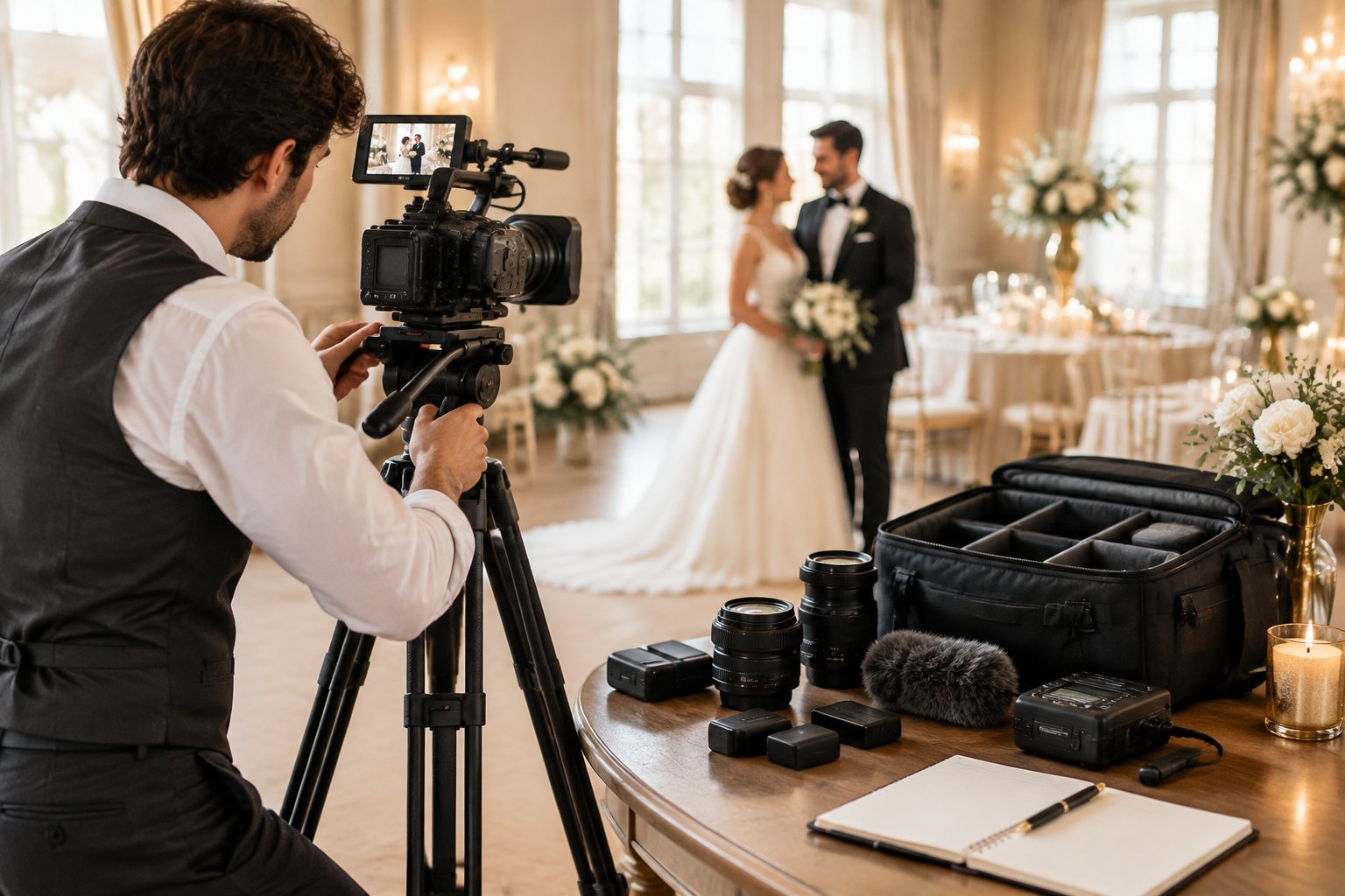 A wedding videographer records a couple at an elegant reception venue beside professional camera equipment.