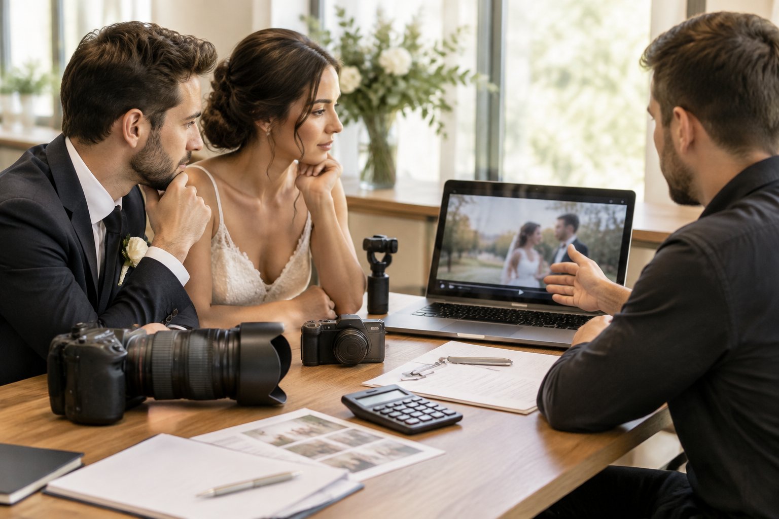 A newlywed couple discusses wedding videography options with a professional videographer beside camera equipment and budgeting materials.