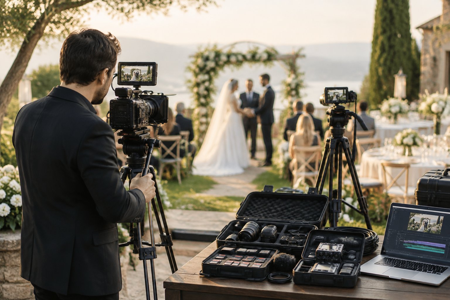 A wedding videographer films a couple during an outdoor ceremony with professional cameras and equipment nearby.