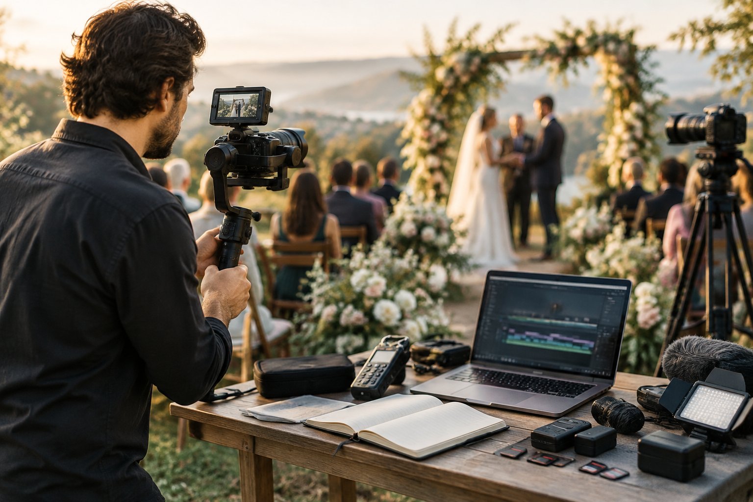 A wedding videographer records an outdoor ceremony with professional camera equipment while planning materials and editing gear sit nearby.