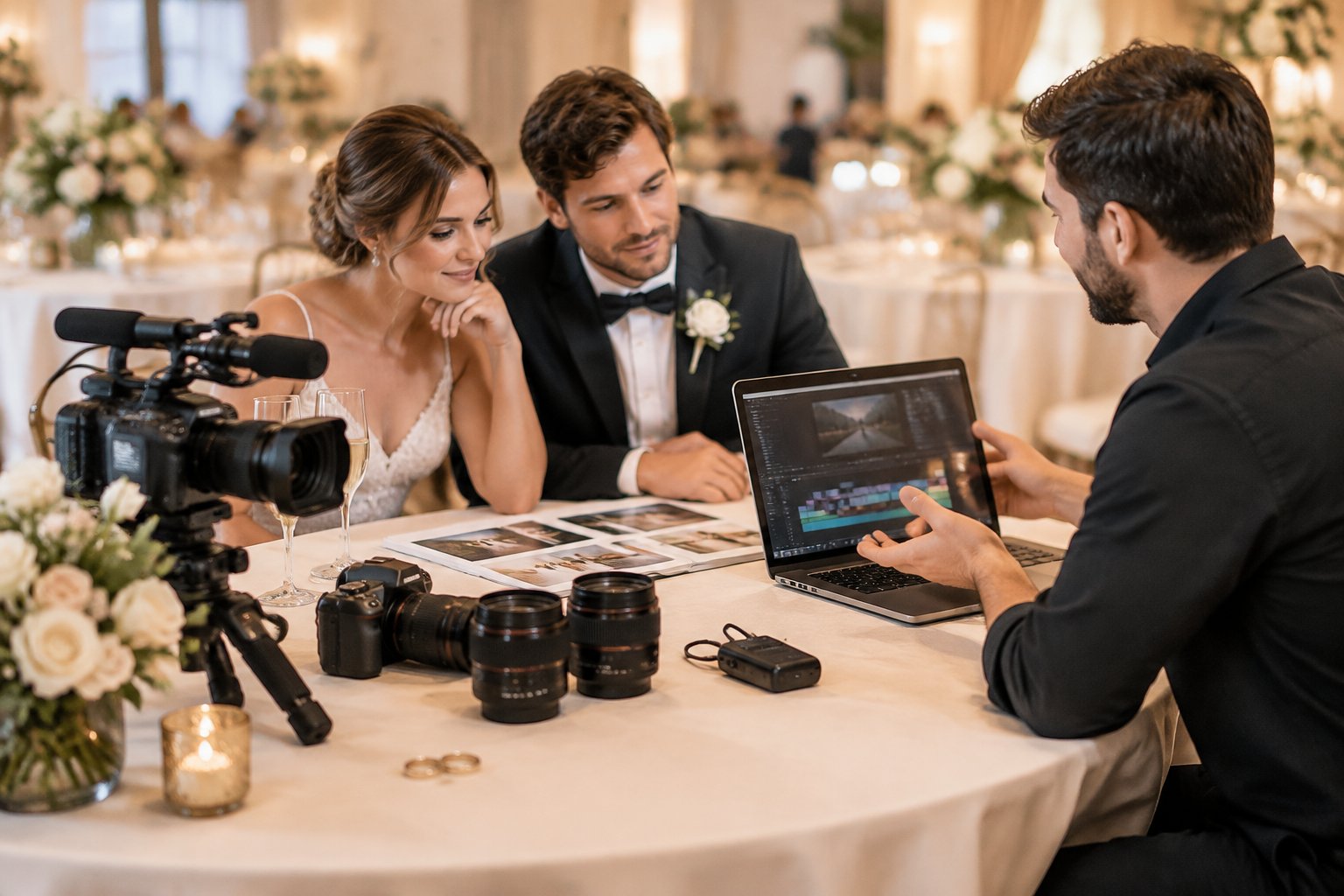 A couple reviews wedding videography options with a videographer beside professional camera equipment.