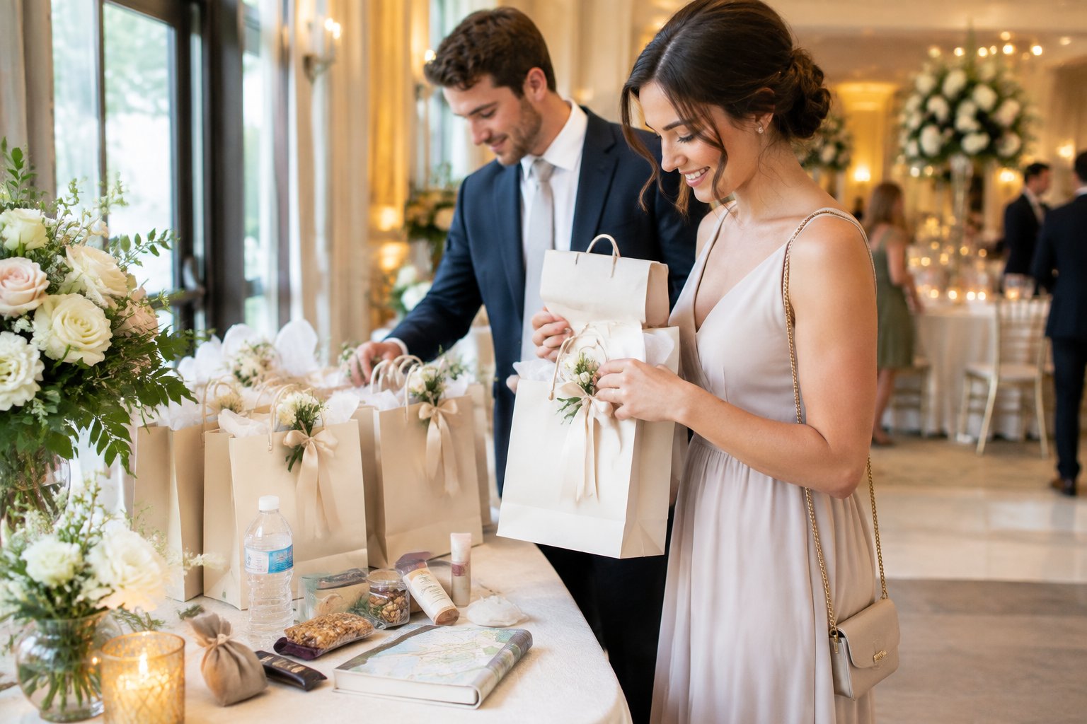 Wedding guests selecting elegantly arranged welcome bags from a decorated table at a wedding venue.