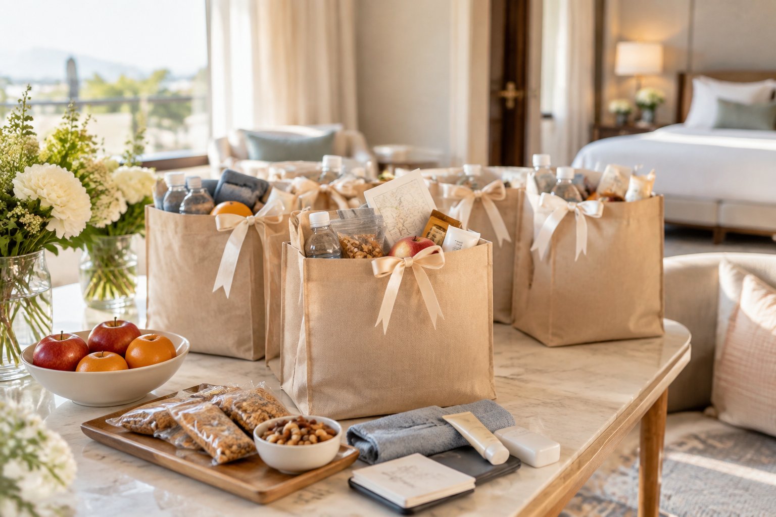 Wedding welcome bags filled with practical guest essentials arranged on an elegant table.
