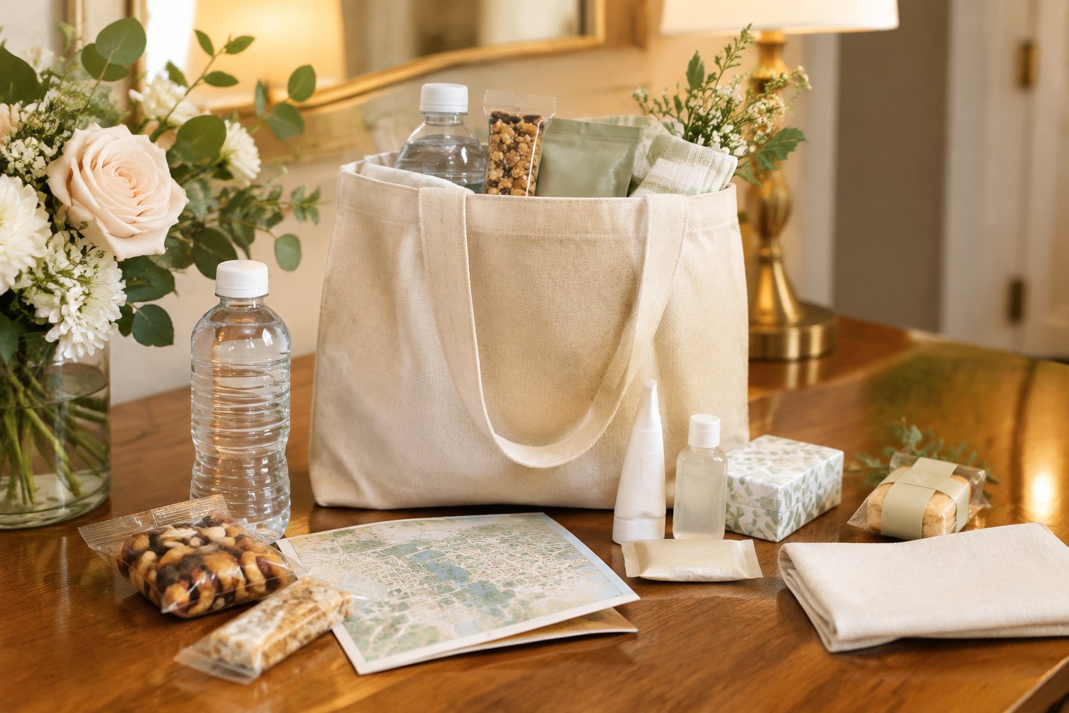 An organized wedding welcome bag with practical guest items arranged on an elegant table.