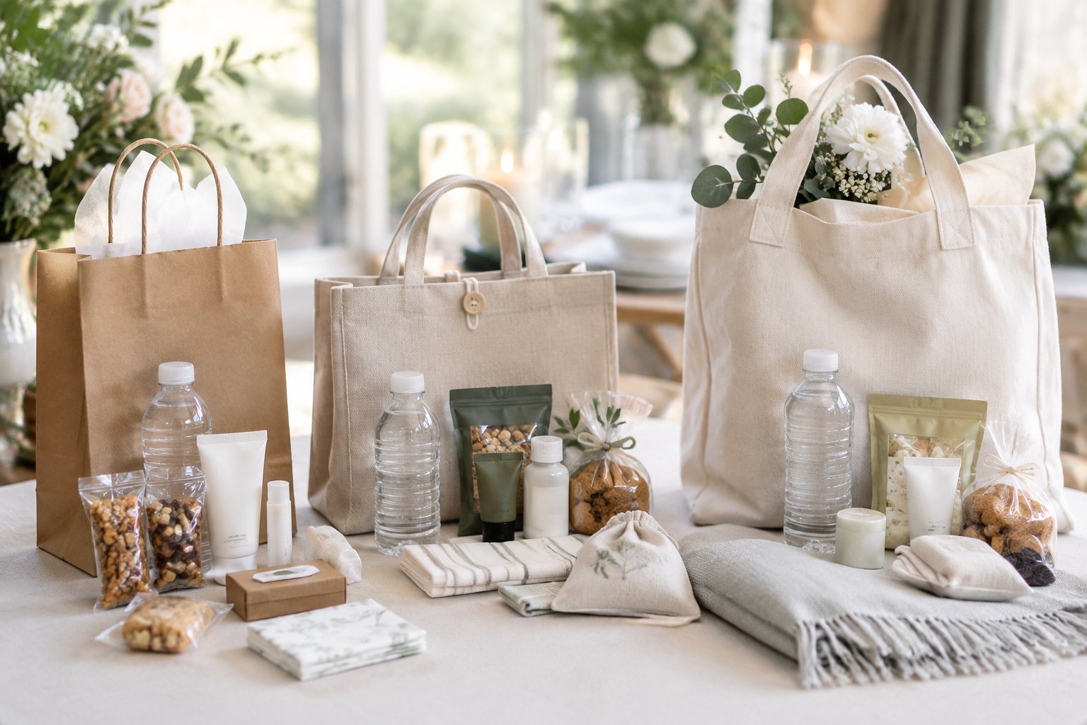 An assortment of wedding welcome bags and guest gifts arranged on a table.