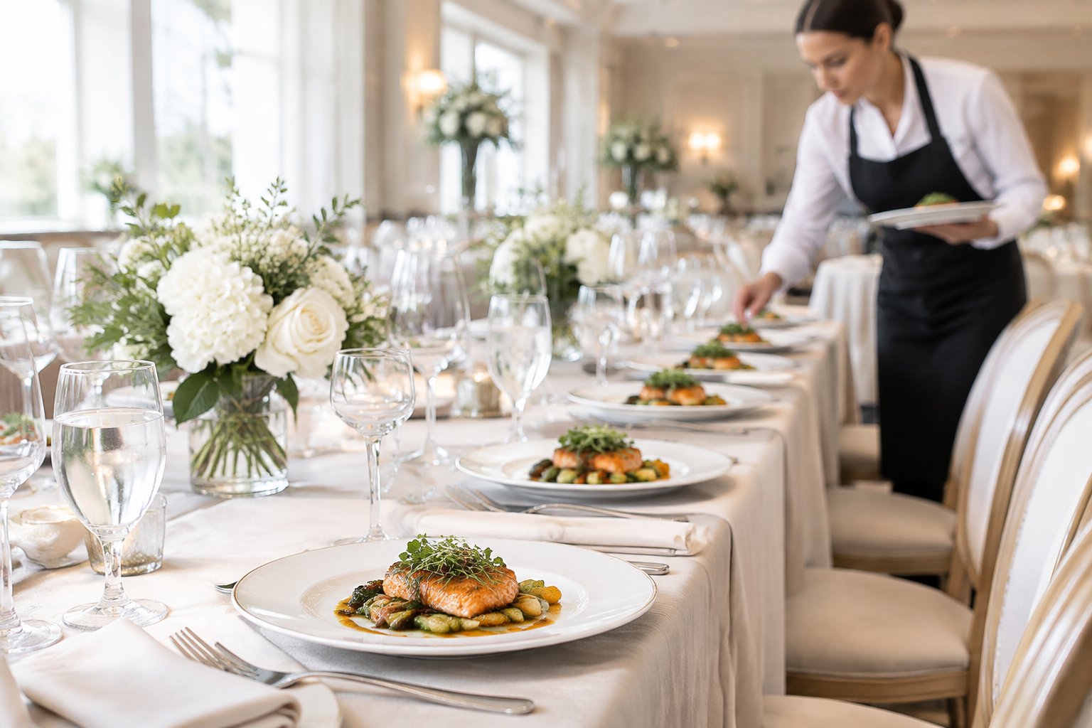 An elegant wedding reception table with plated meals, place settings, and a catering professional preparing dinner service.