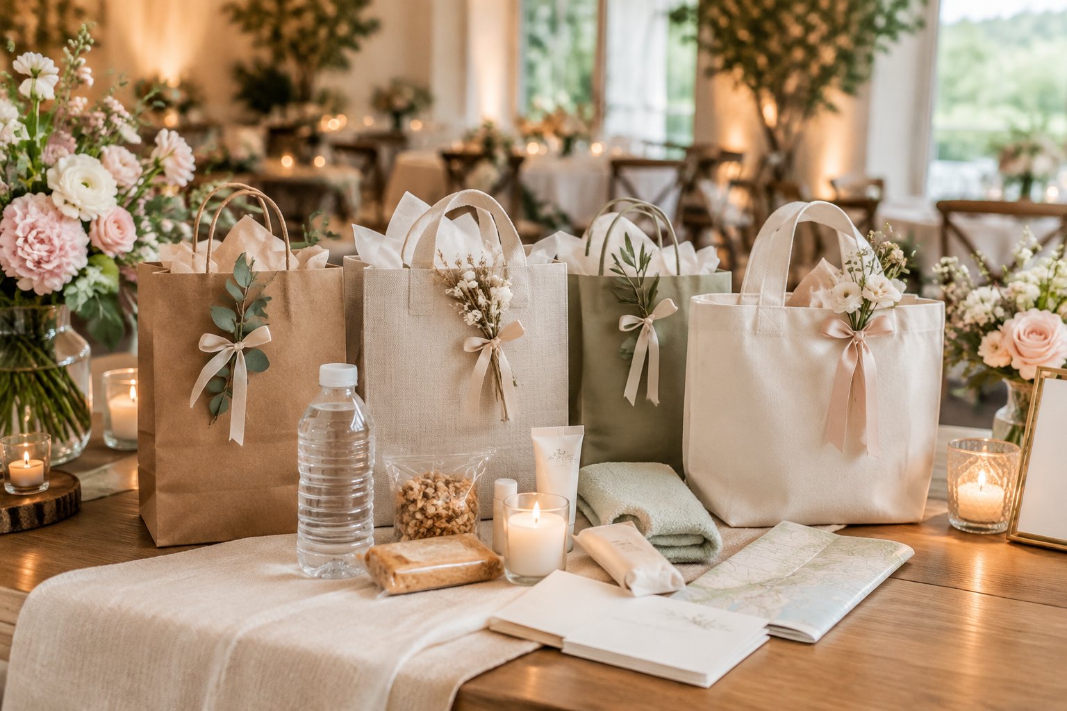 Coordinated wedding welcome bags arranged with guest essentials on an elegant reception table.