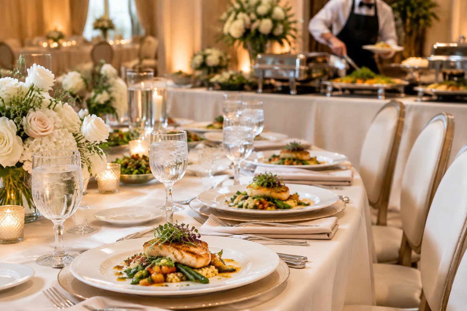 Elegant wedding reception table with plated meals, place settings, and a caterer serving food in the background.