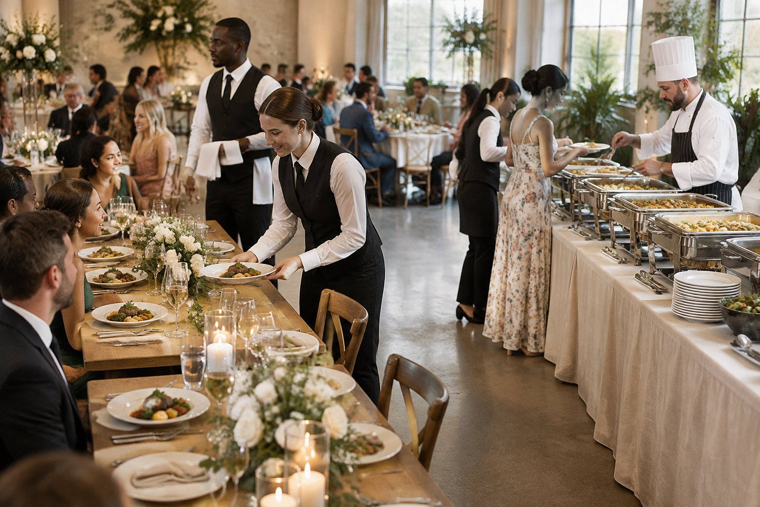 Catering staff serve plated meals and buffet dishes at an elegant wedding reception.
