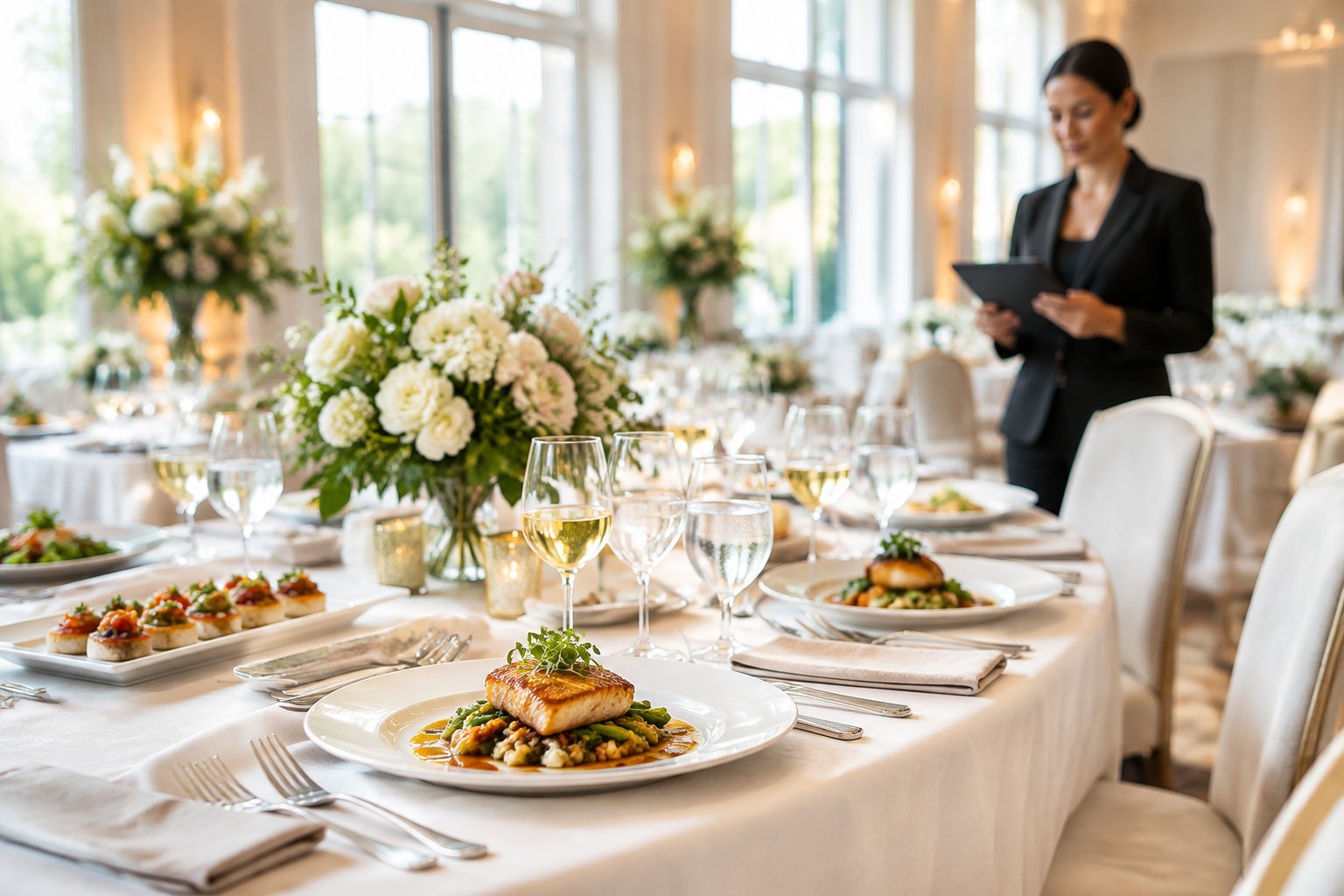 An elegant wedding reception table with plated meals, beverages, floral centerpieces, and a caterer reviewing the setup.