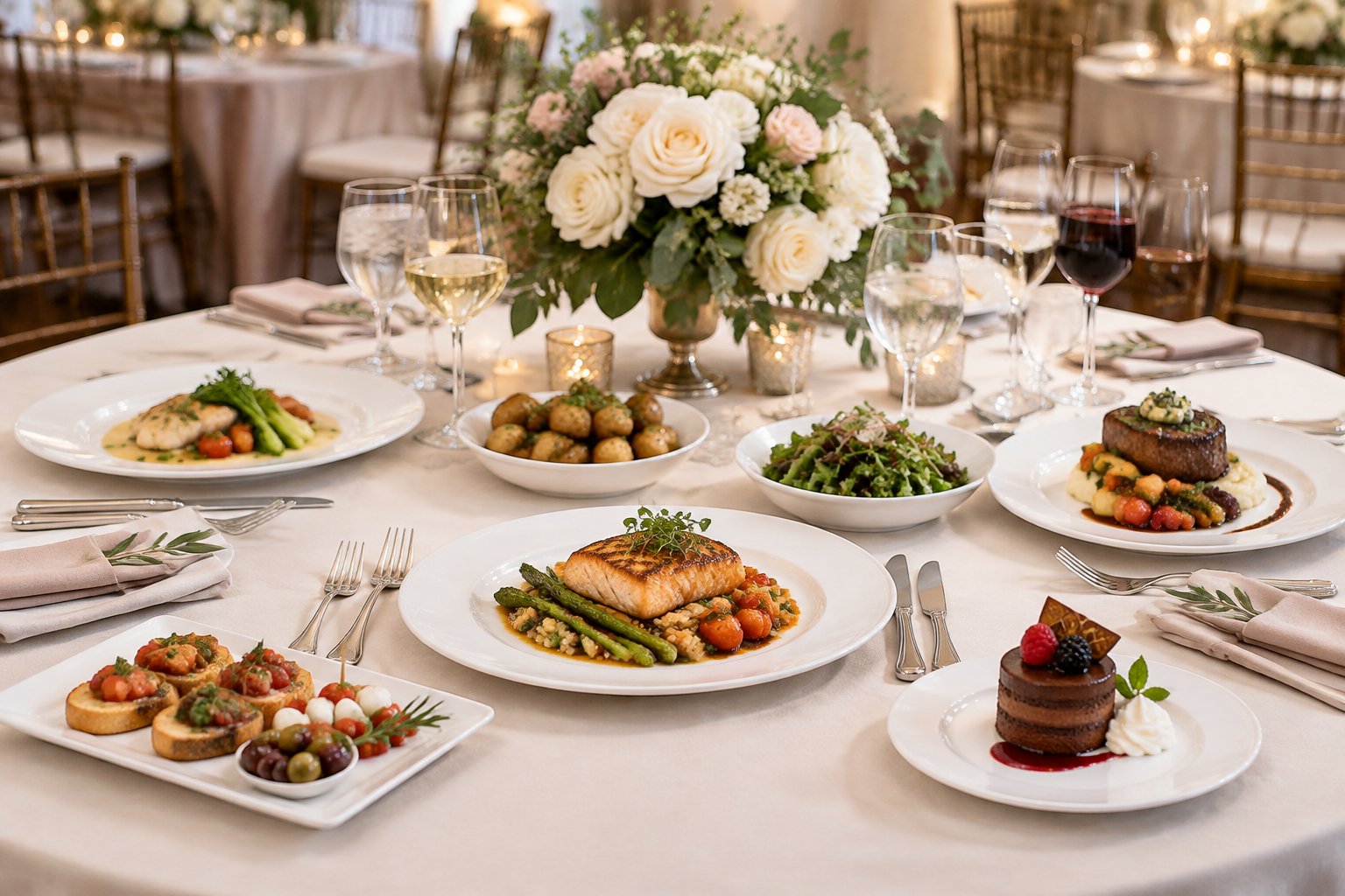 Wedding reception table displaying plated meals, side dishes, appetizers, and desserts.