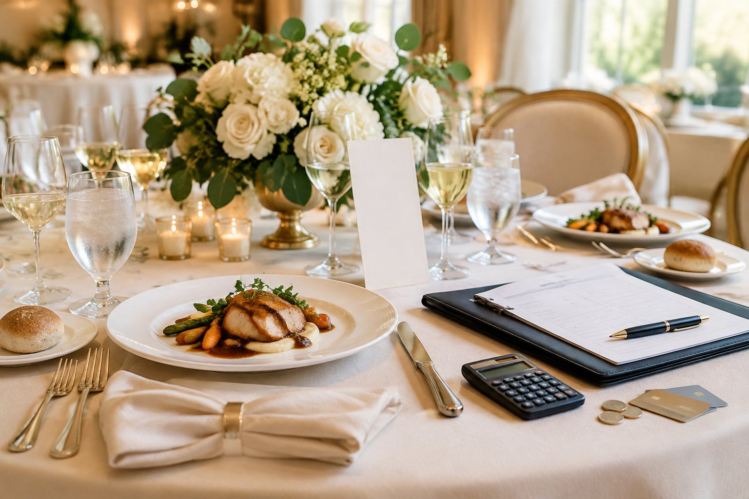 An elegant wedding reception table set for a catered meal with a planner, calculator, and discreet payment items.
