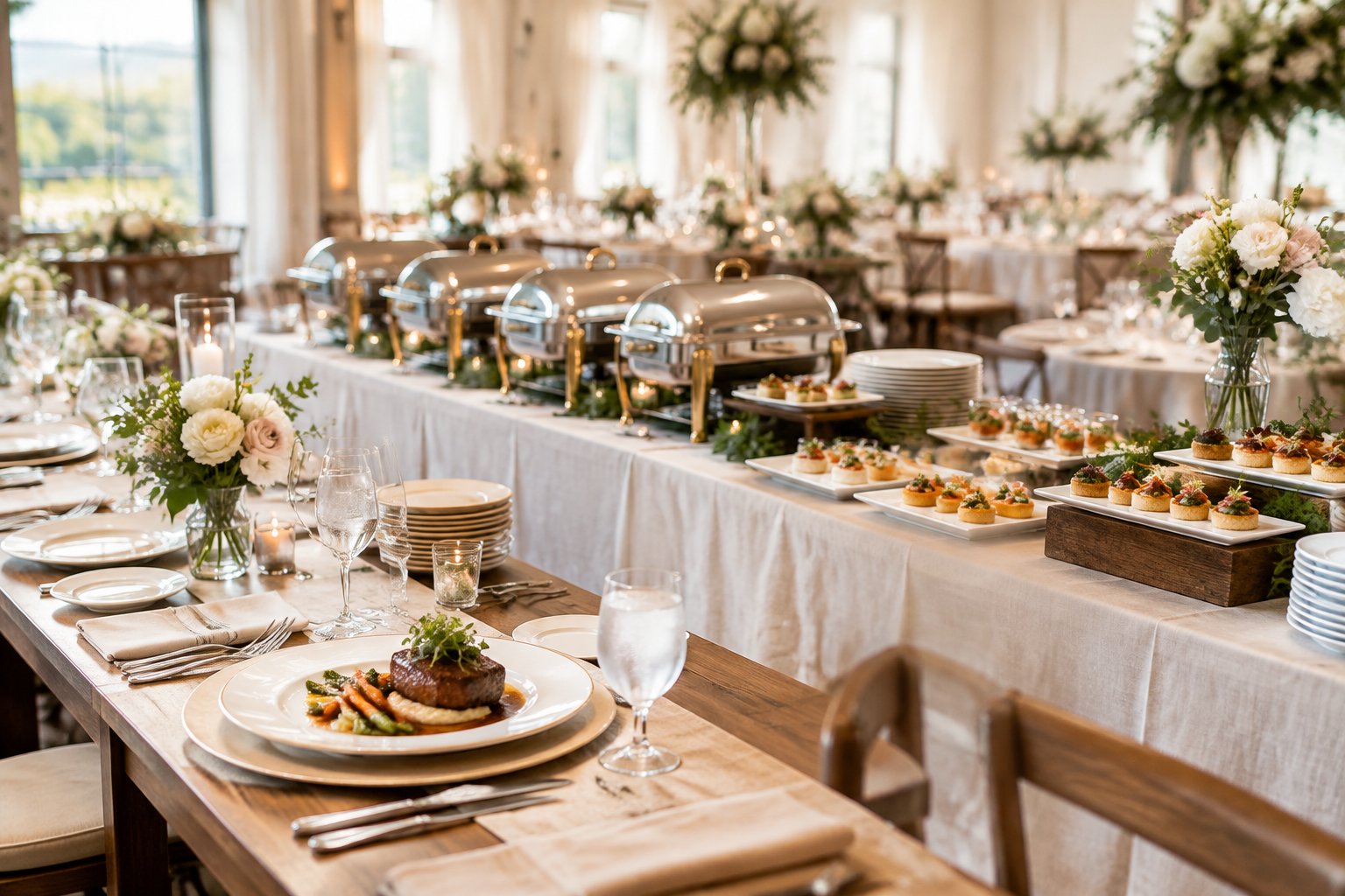 Elegant wedding reception table displaying plated meals, buffet dishes, and assorted appetizers.