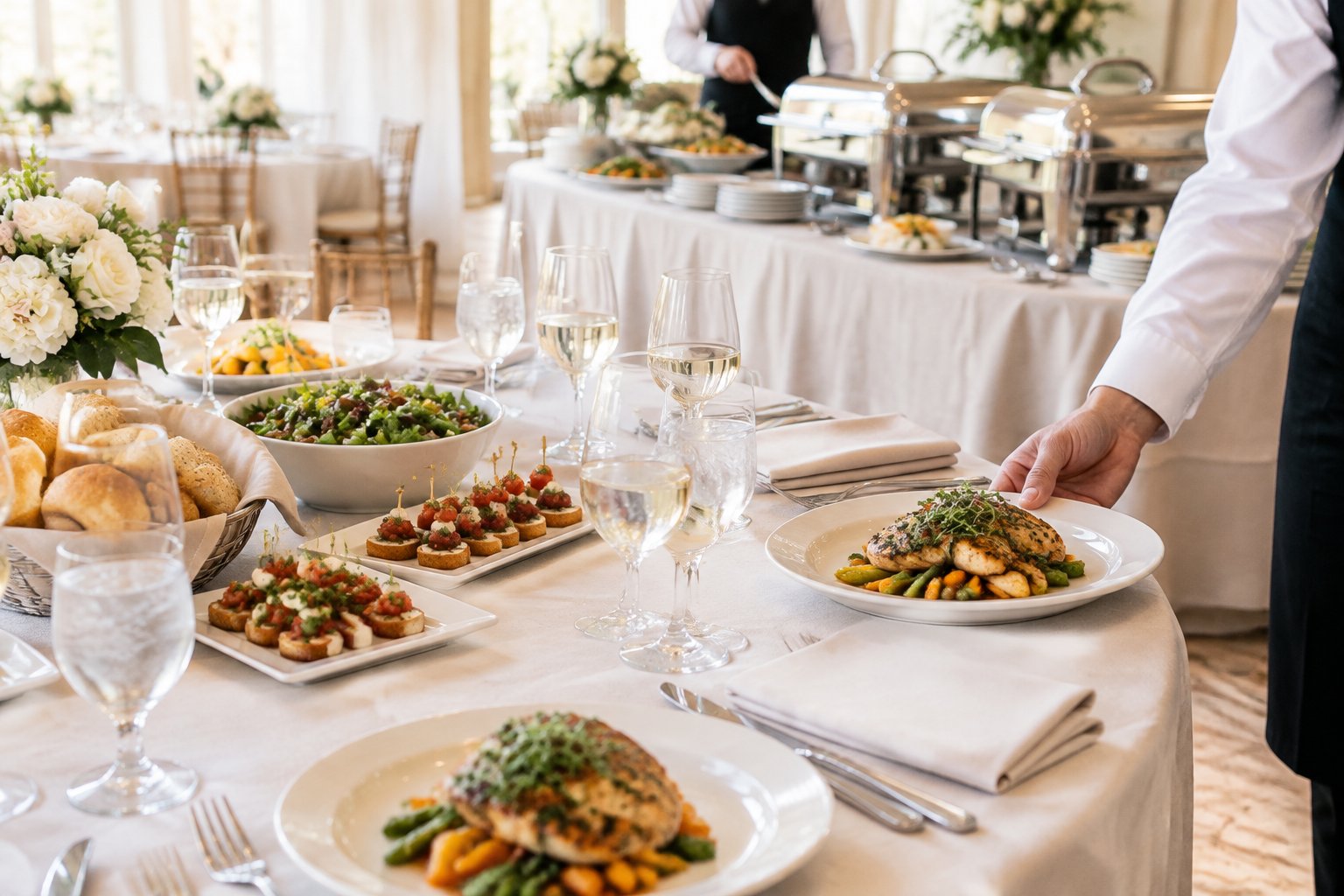 Wedding catering setup with plated meals, appetizers, drinks, and serving equipment arranged at a reception table.