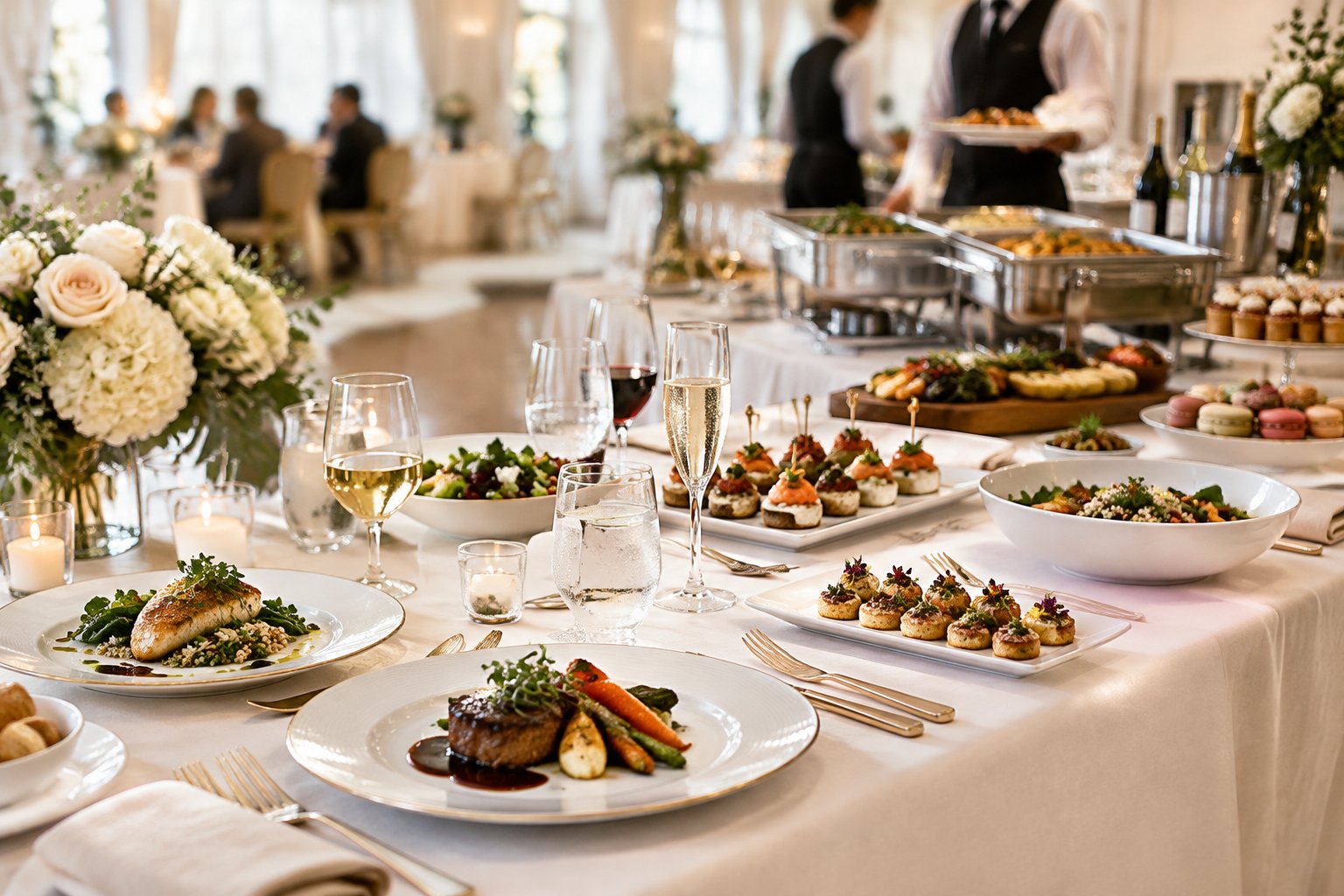 Elegant wedding reception table with plated dishes, buffet trays, appetizers, beverages, and catering staff serving guests.