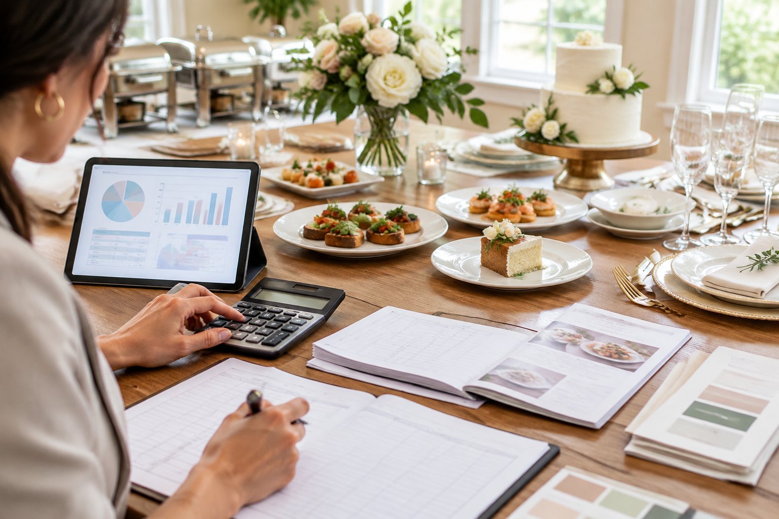An event planner reviews catering costs beside a wedding reception table with plated food and organized budgeting materials.