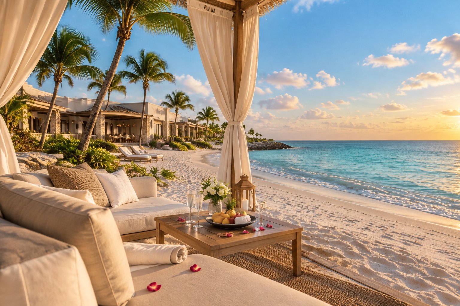 A romantic luxury resort cabana on a white-sand Aruba beach beside clear turquoise water.
