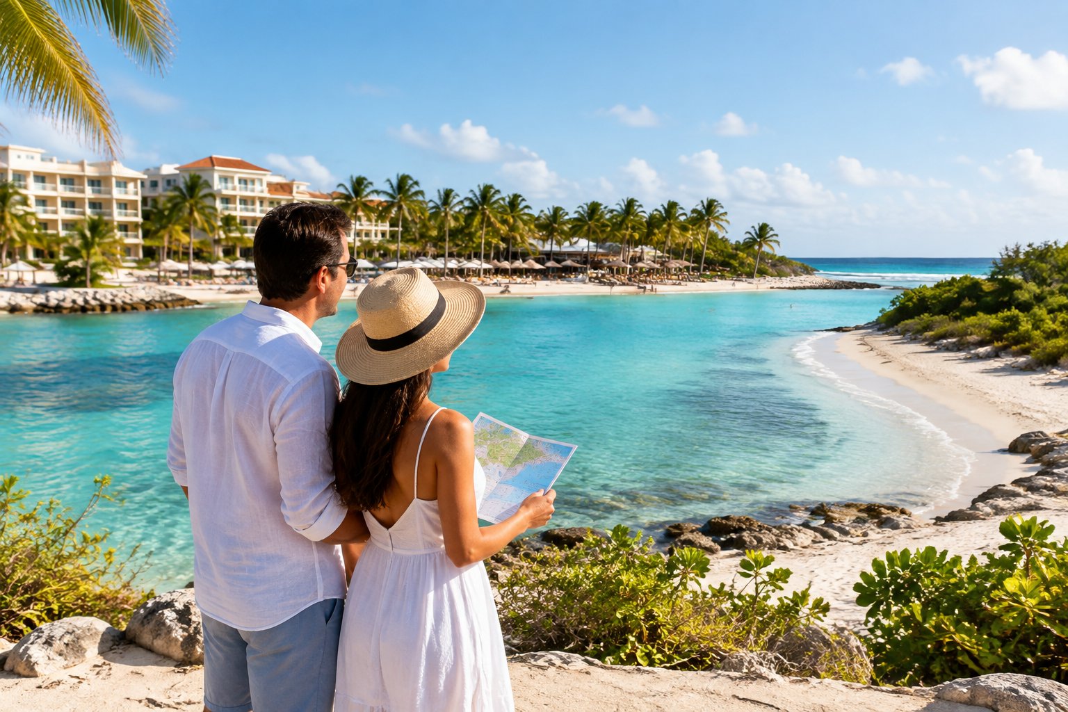 A couple compares different tropical resort areas along a sunny Aruba beach.