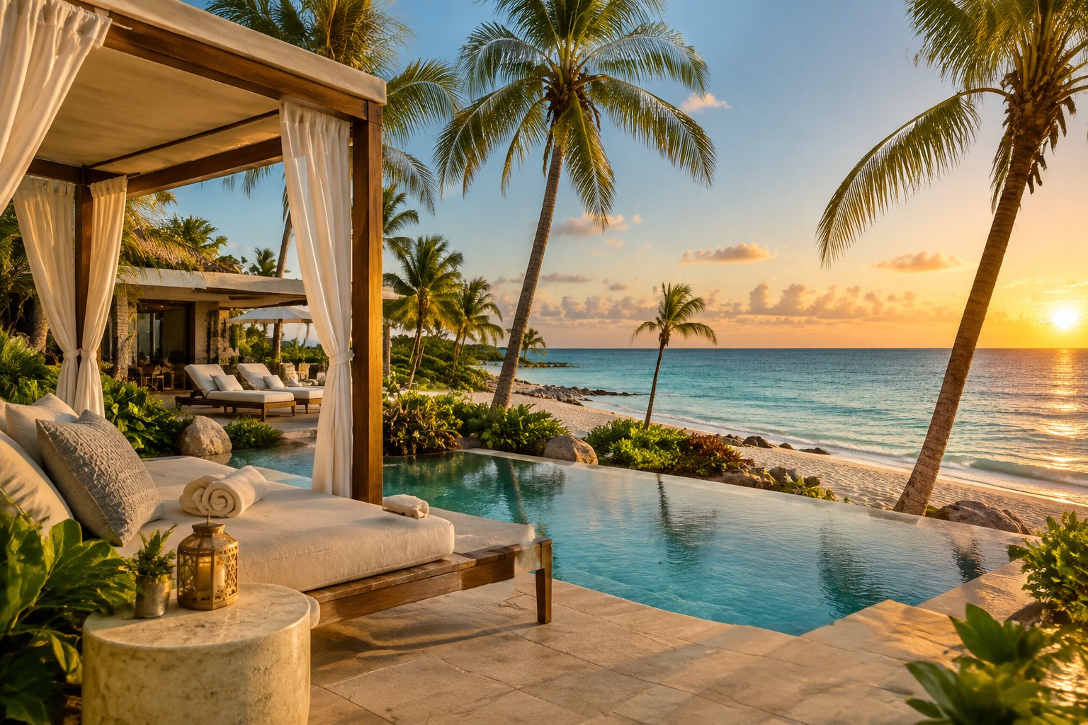 A luxury beachfront resort terrace overlooking turquoise Caribbean water in Aruba.