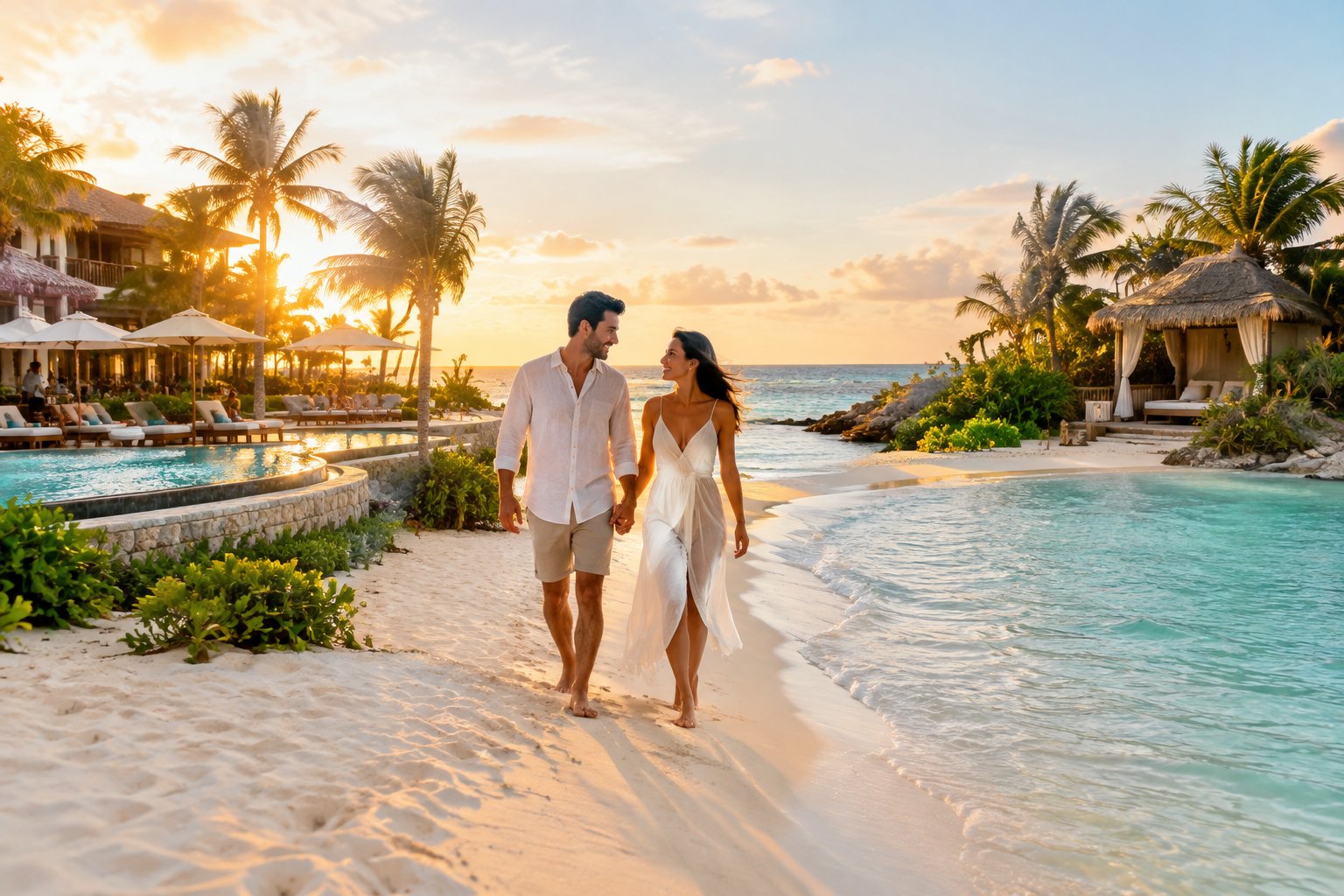 A honeymooning couple walks along an Aruba beach between a lively resort pool and a secluded boutique cabana.