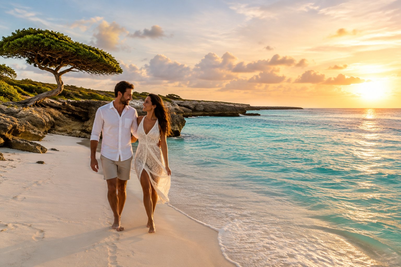 A newlywed couple walks along a secluded beach in Aruba at sunset.