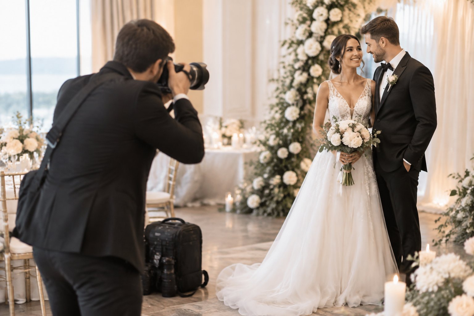 A wedding photographer captures a newlywed couple at an elegant wedding venue.